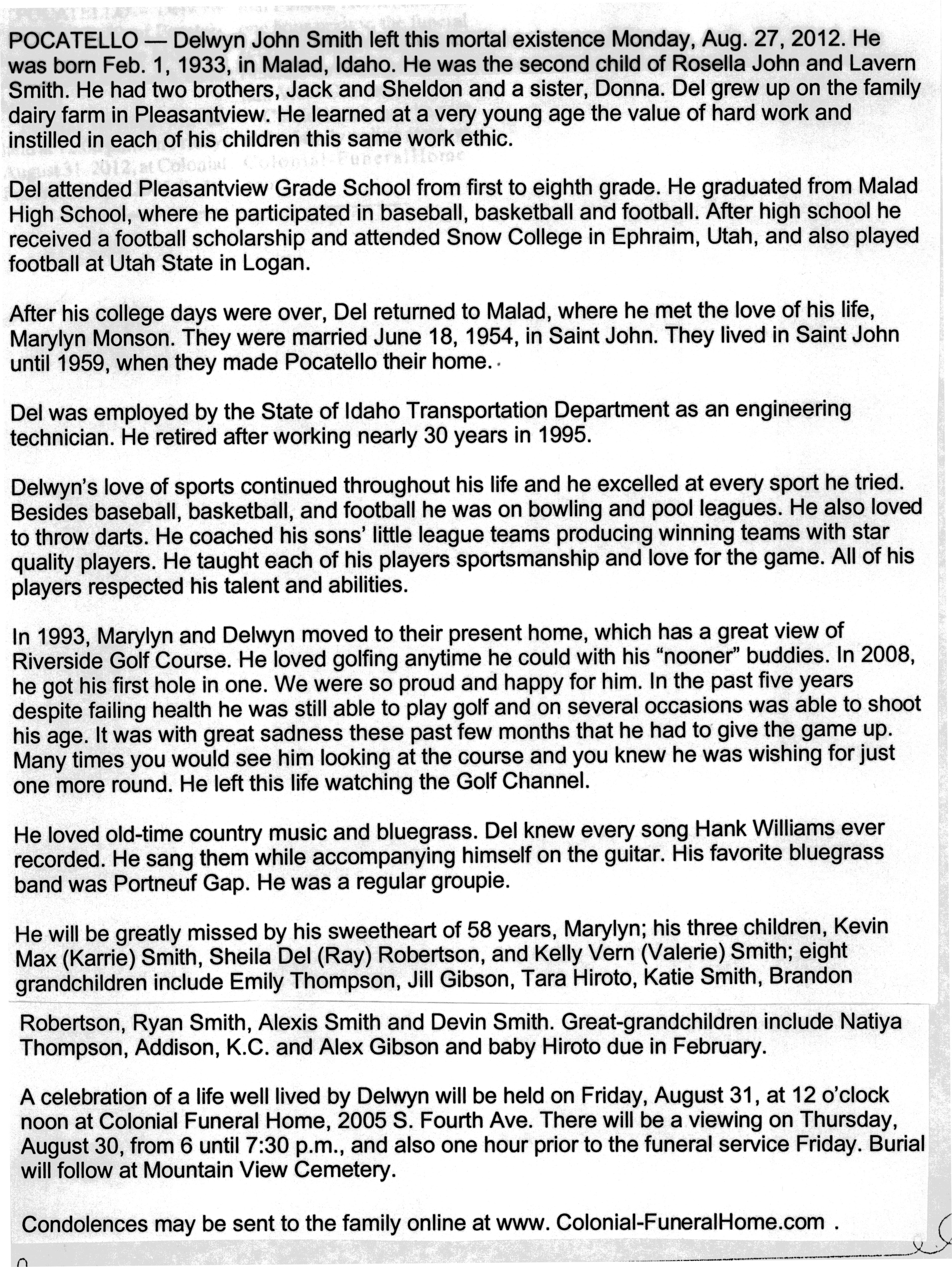 Delwyn John Smith obit