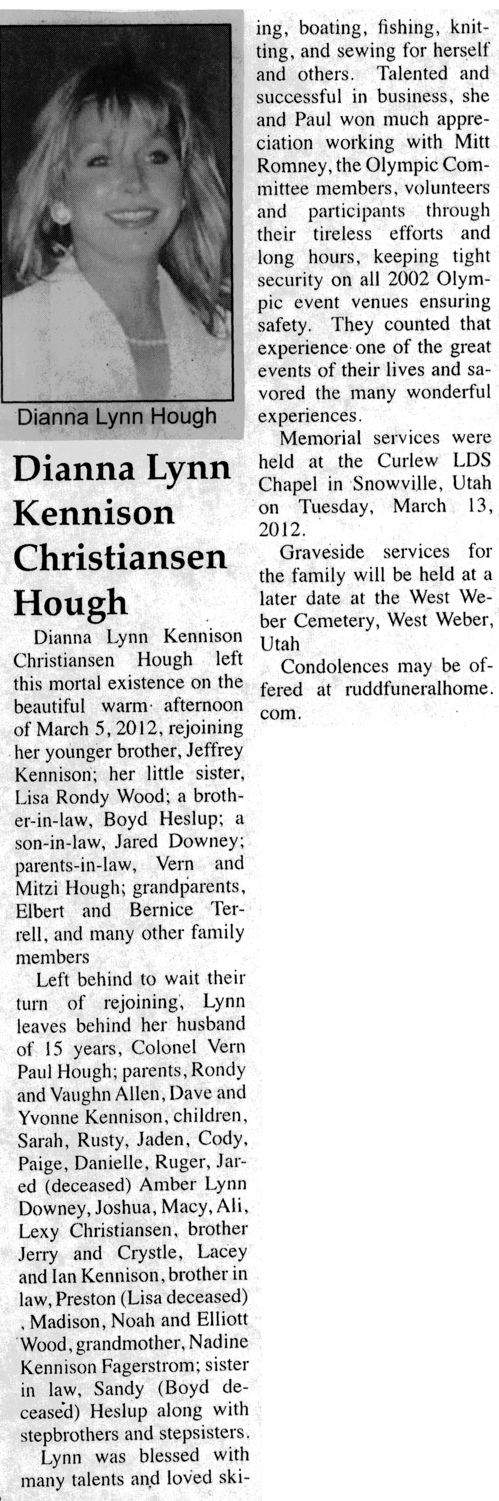 Dianna Lynn Kennison Christiansen Hough obit