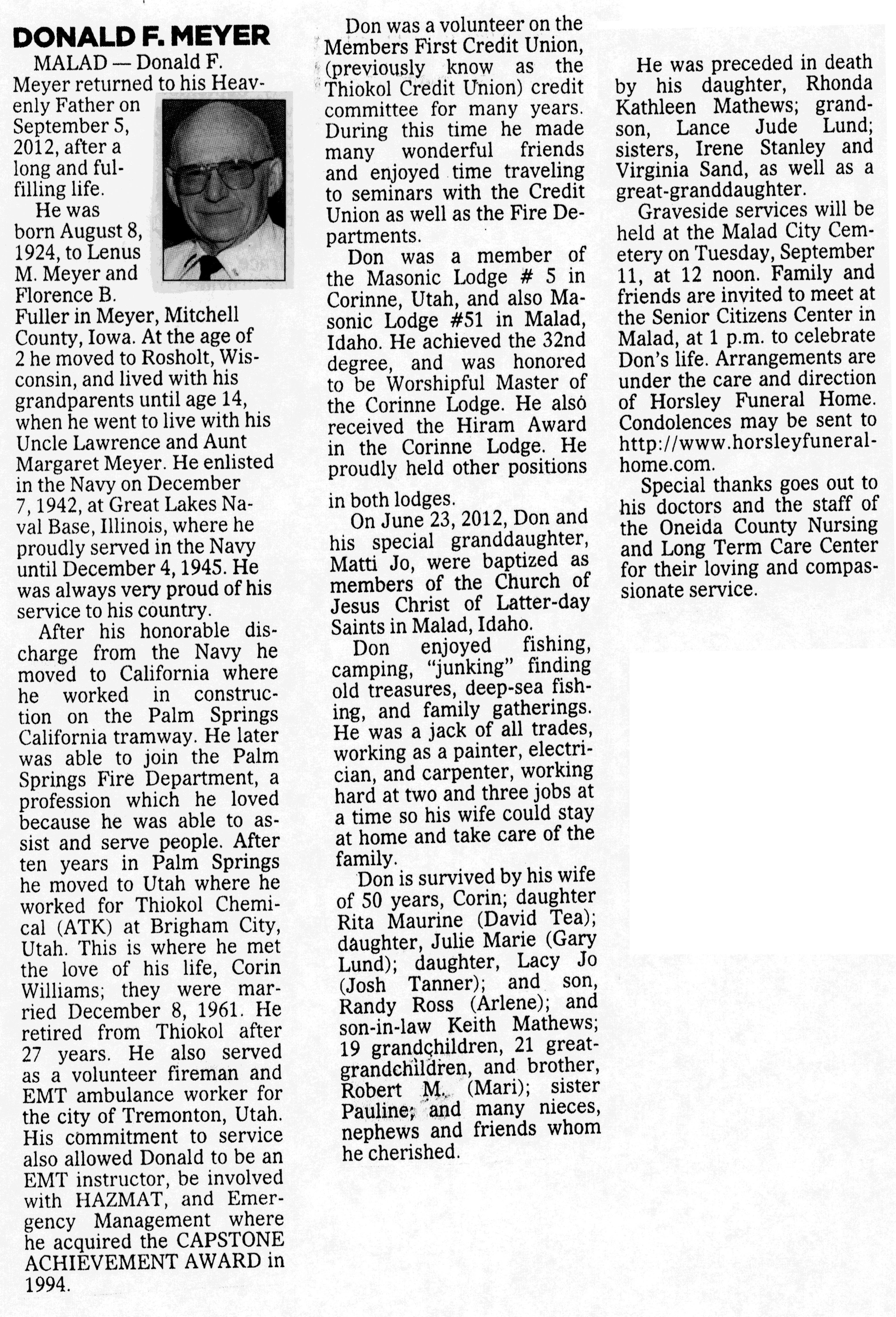 Donald F Meyer obit