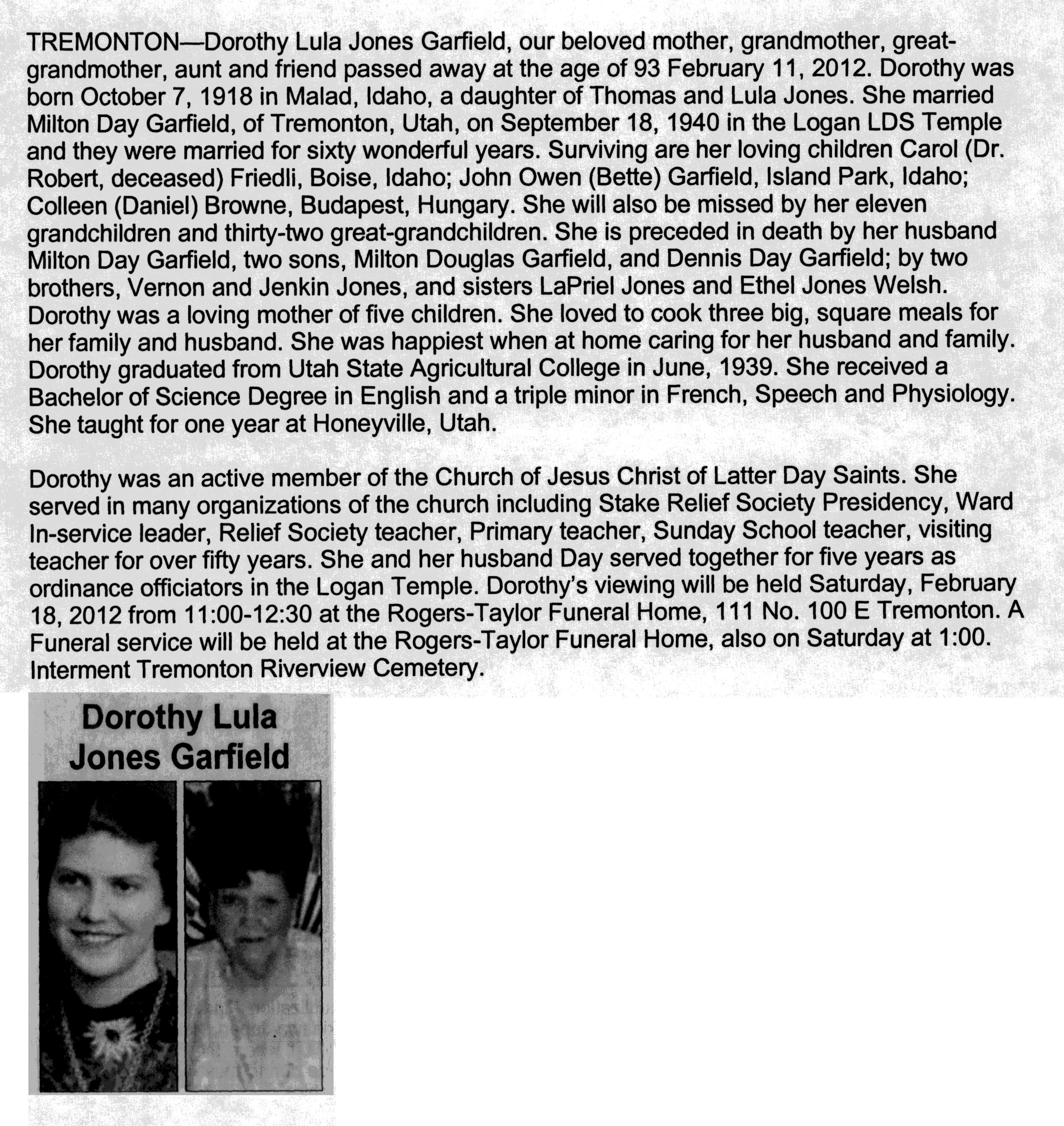 Dorothy Lula Jones Garfield obit