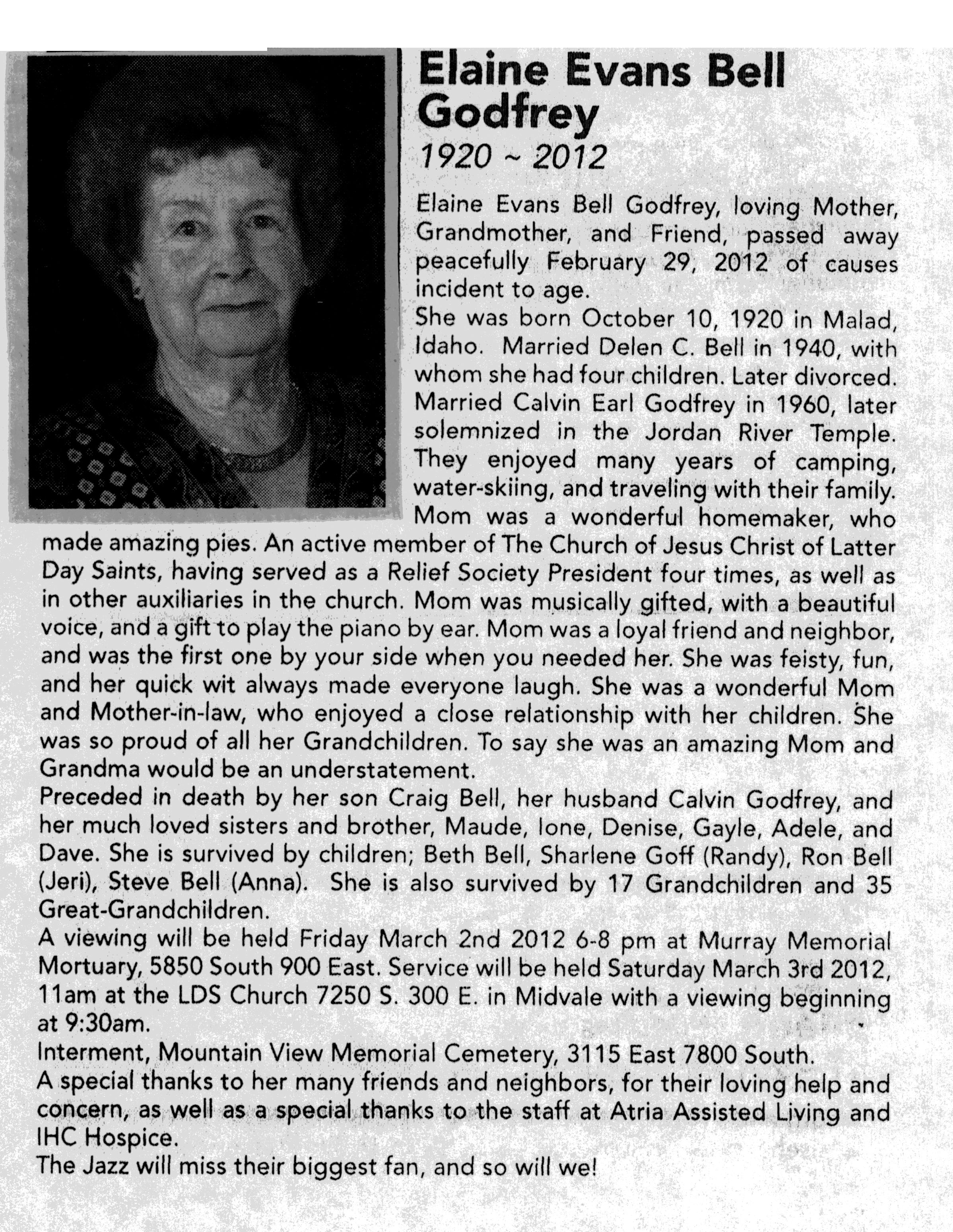 Elaine Evans Bell Godfrey obit