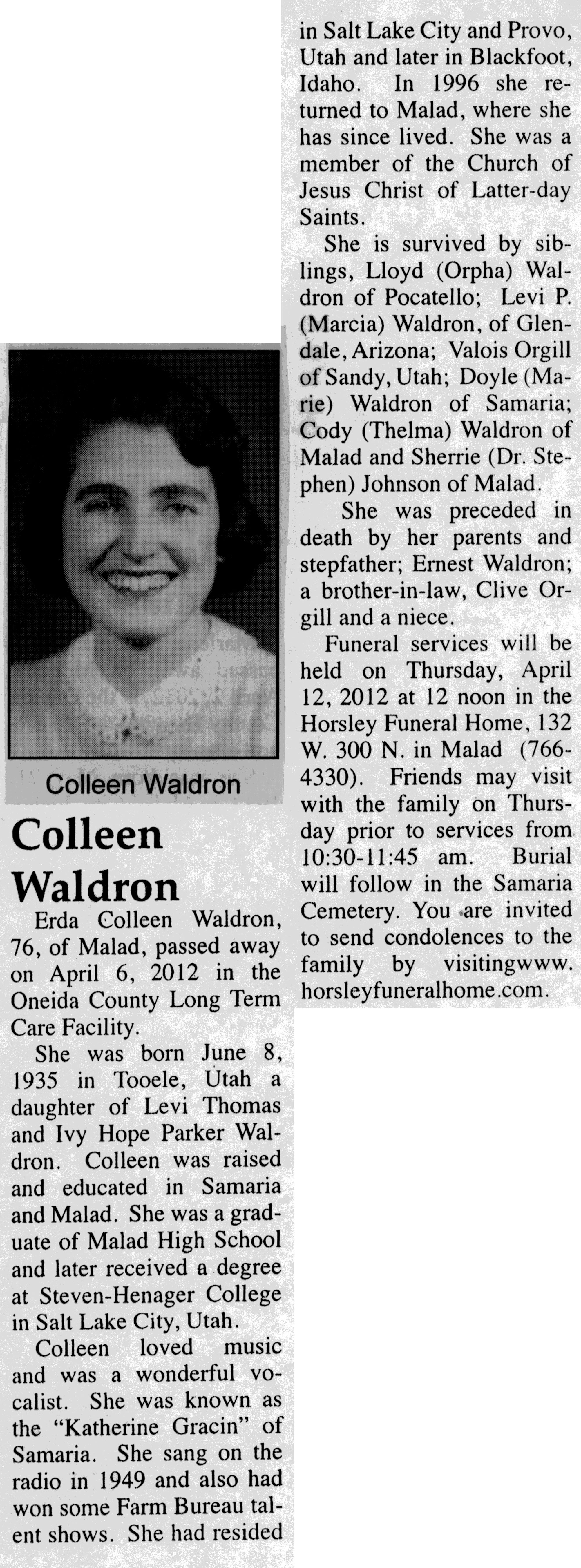 Erda Colleen Waldron obit