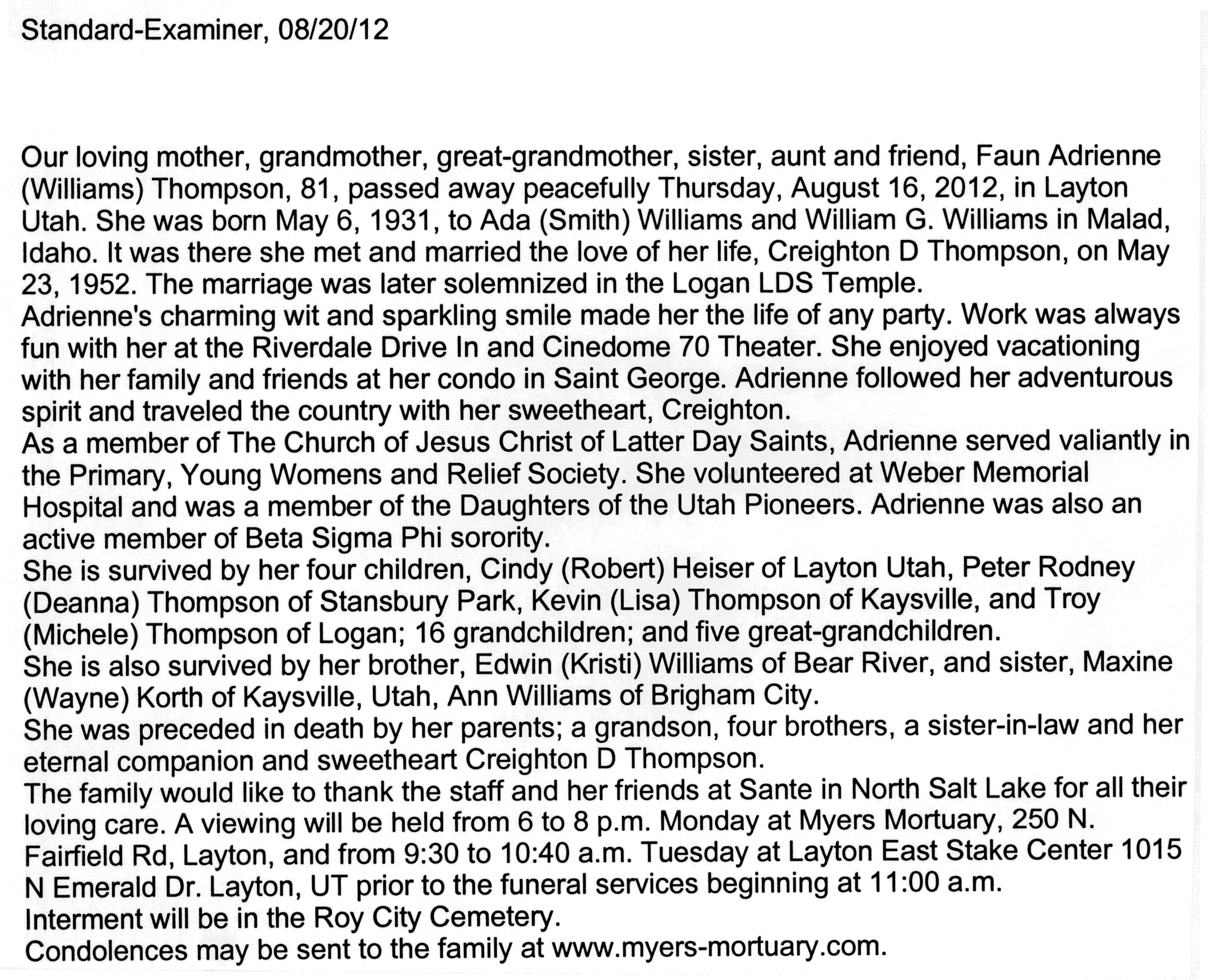 Faun Adrienne Williams Thompson obit