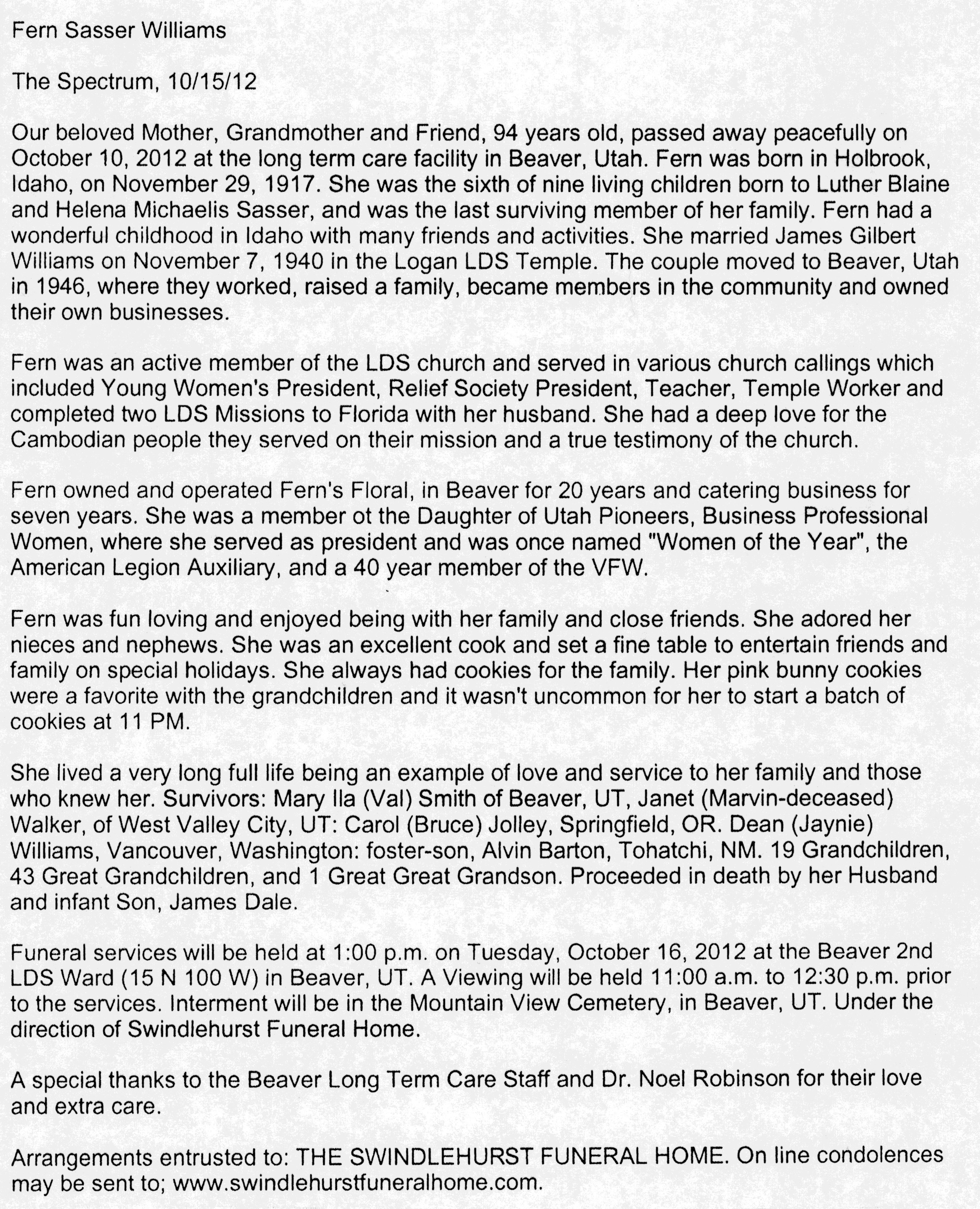 Fern Sasser Williams obit