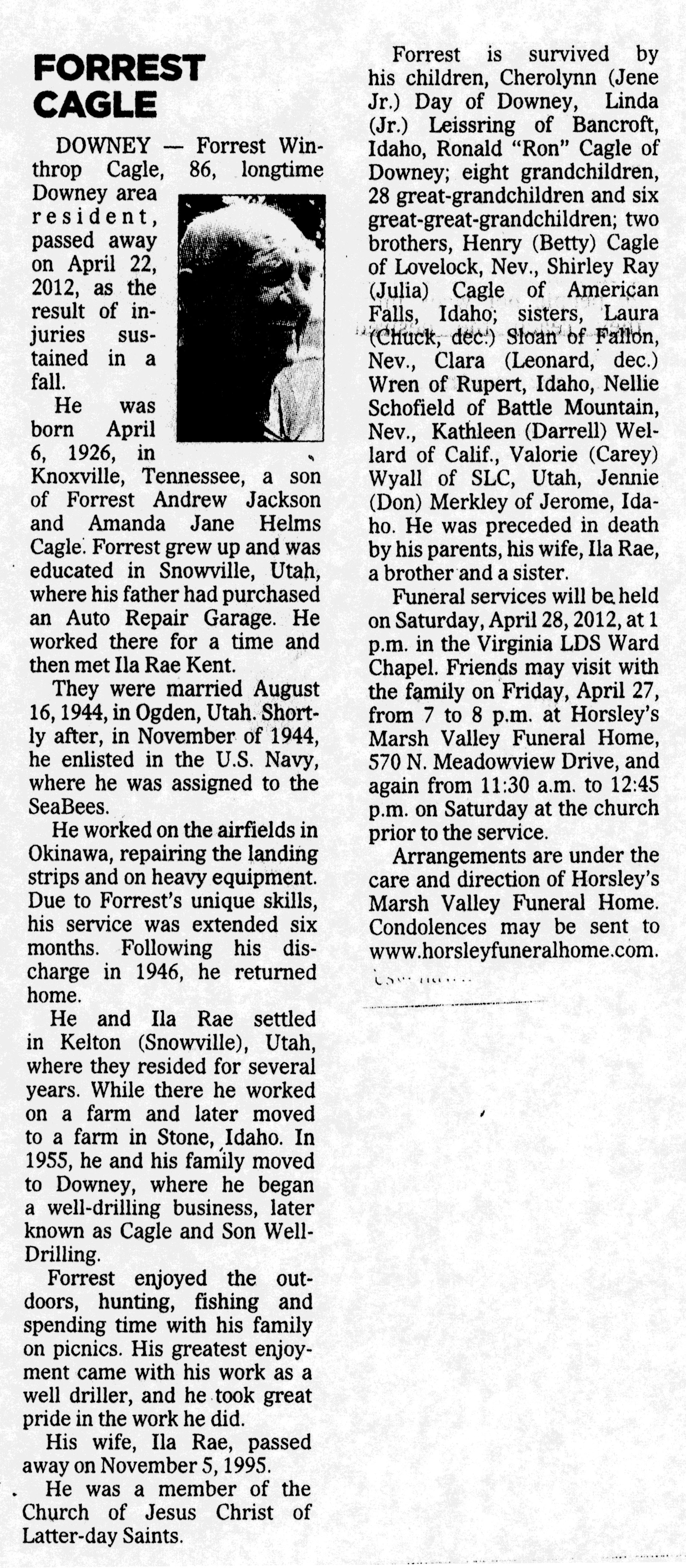 Forrest Winthrop Cagle obit