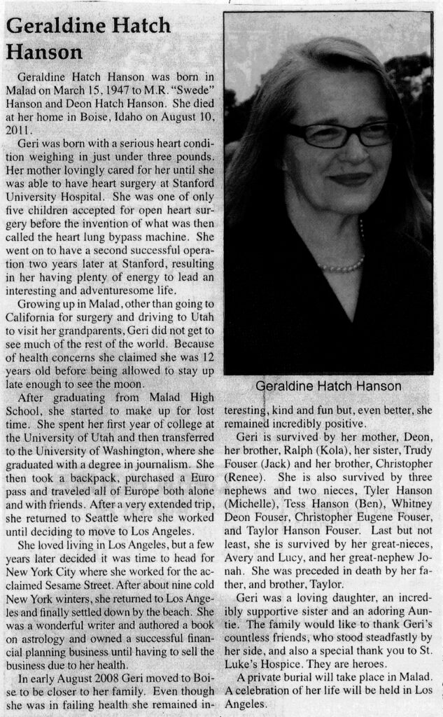 Geraldine Hatch Hanson obit