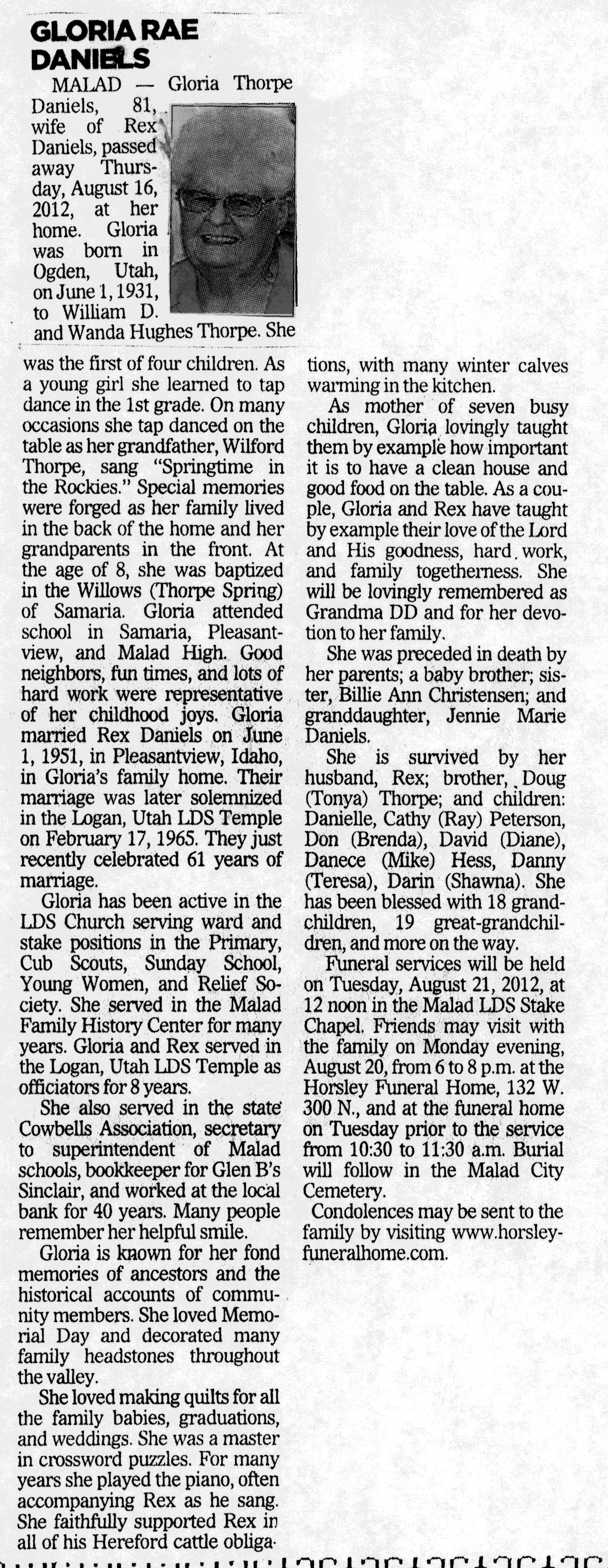 Gloria Rae Thorpe Daniels obit