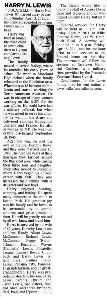 Harry Neil Lewis obit