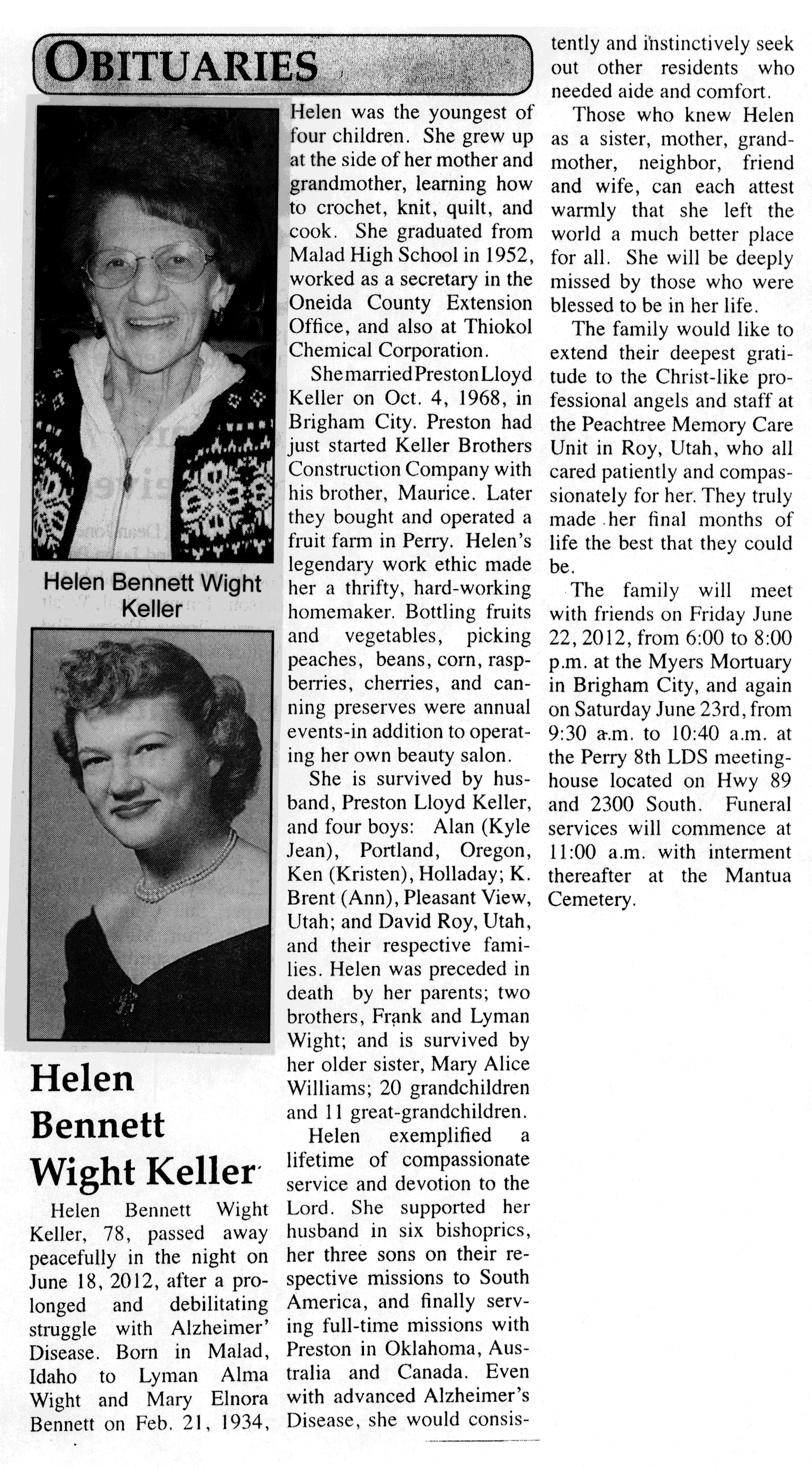 Helen Bennett Wight Keller obit