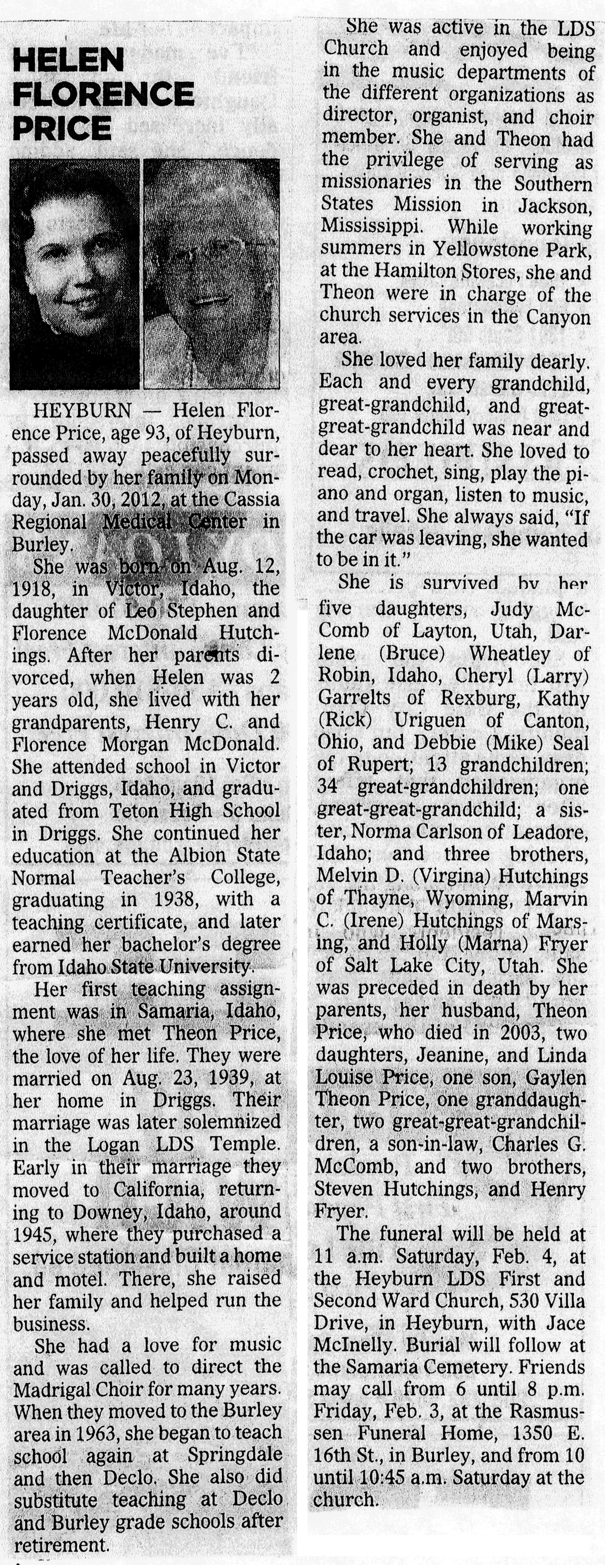 Helen Florence Price obit
