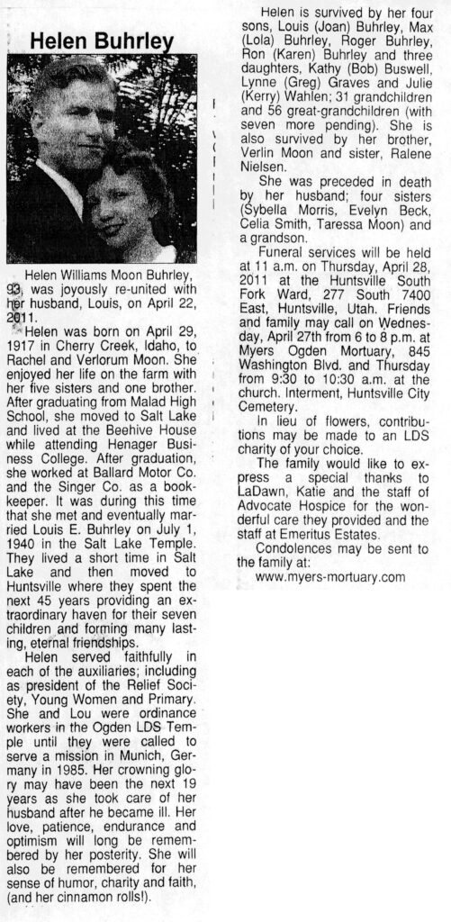 Helen Williams Moon Buhrley obit