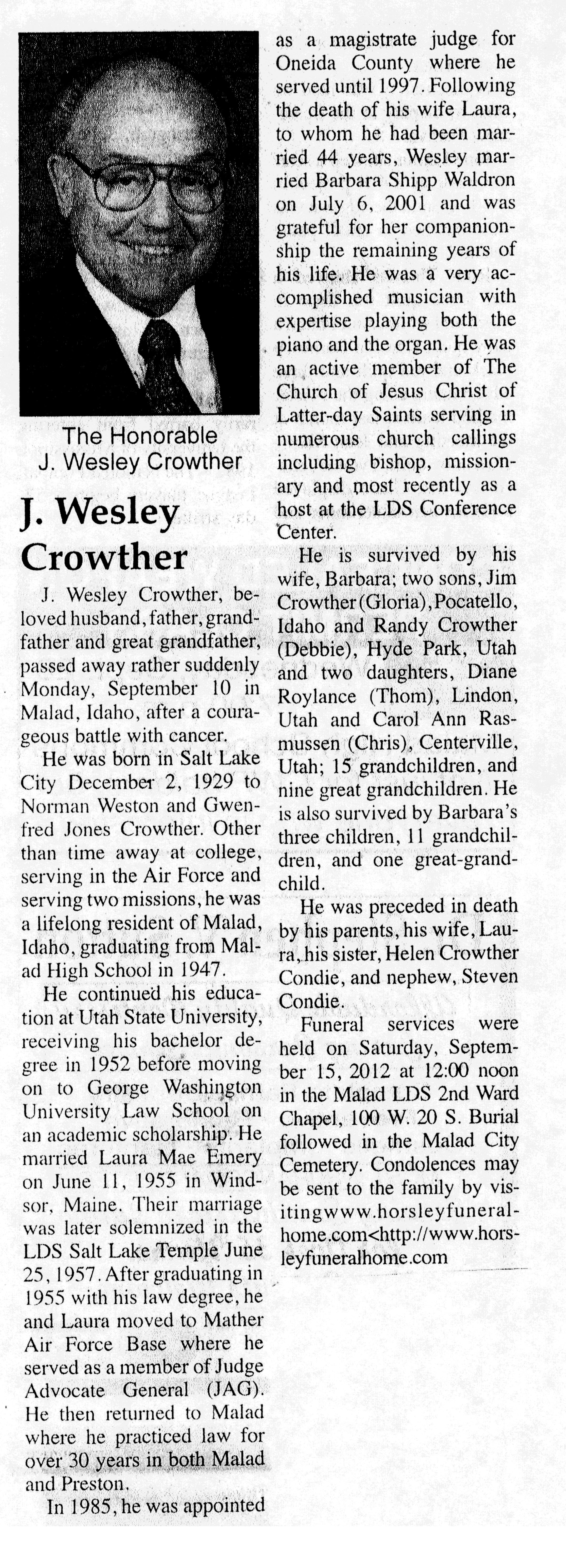 J Wesley Crowther obit