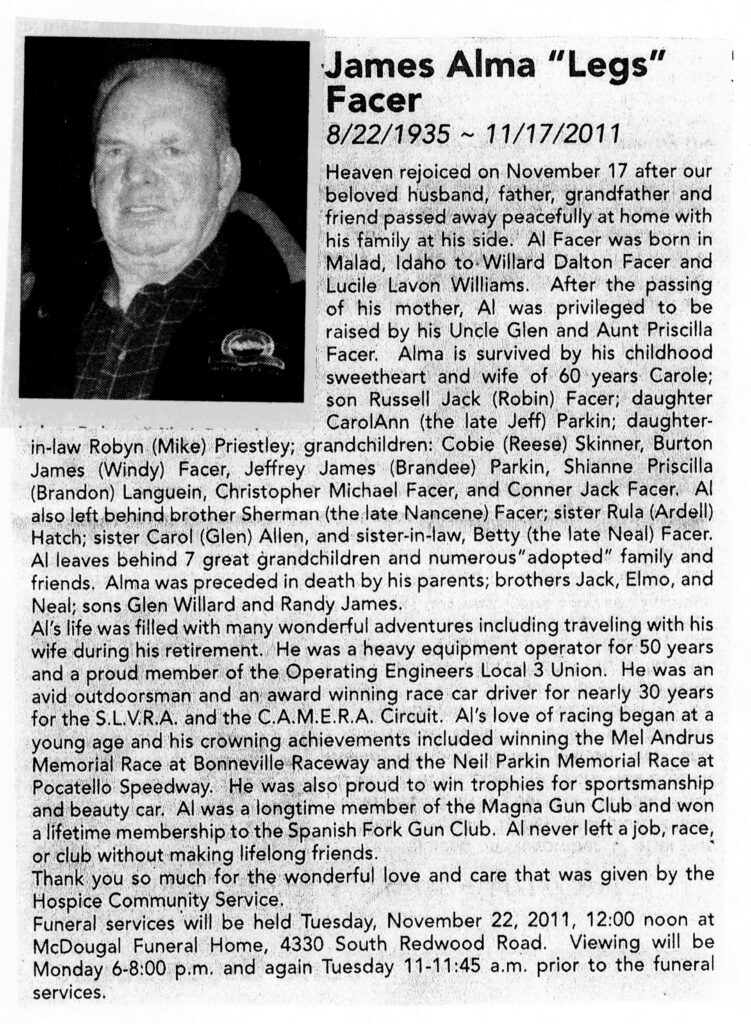 James Alma (Legs) Facer obit