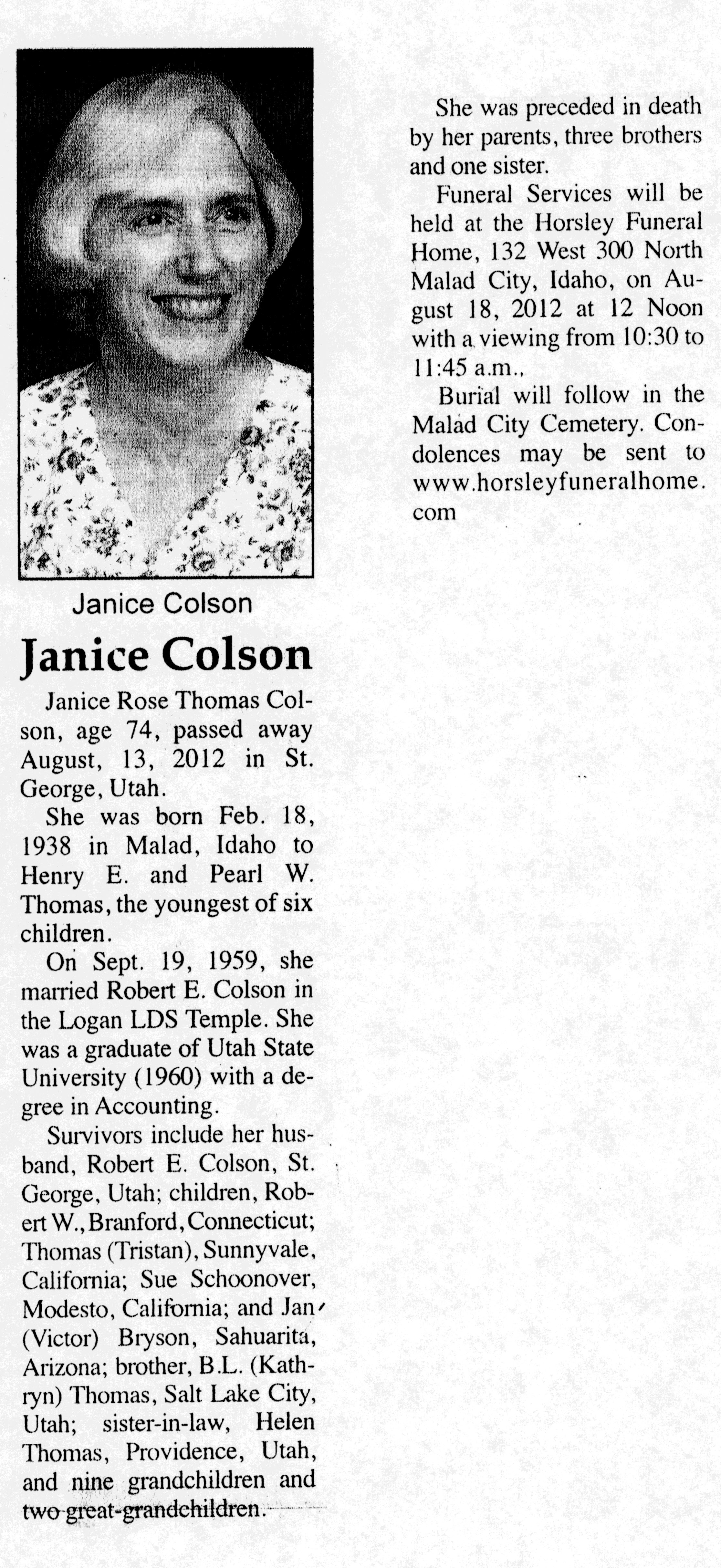 Janice Rose Thomas Colson obit
