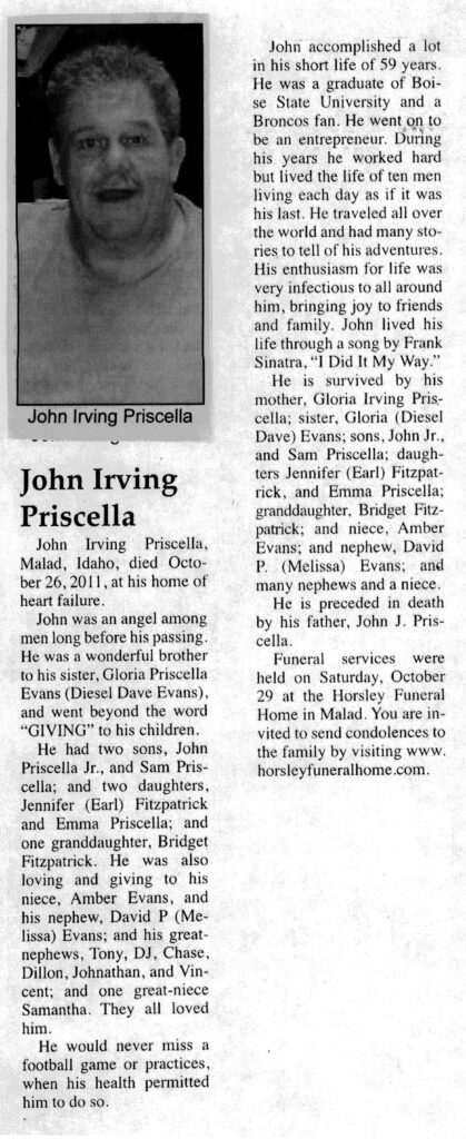 John Irving Priscella obit