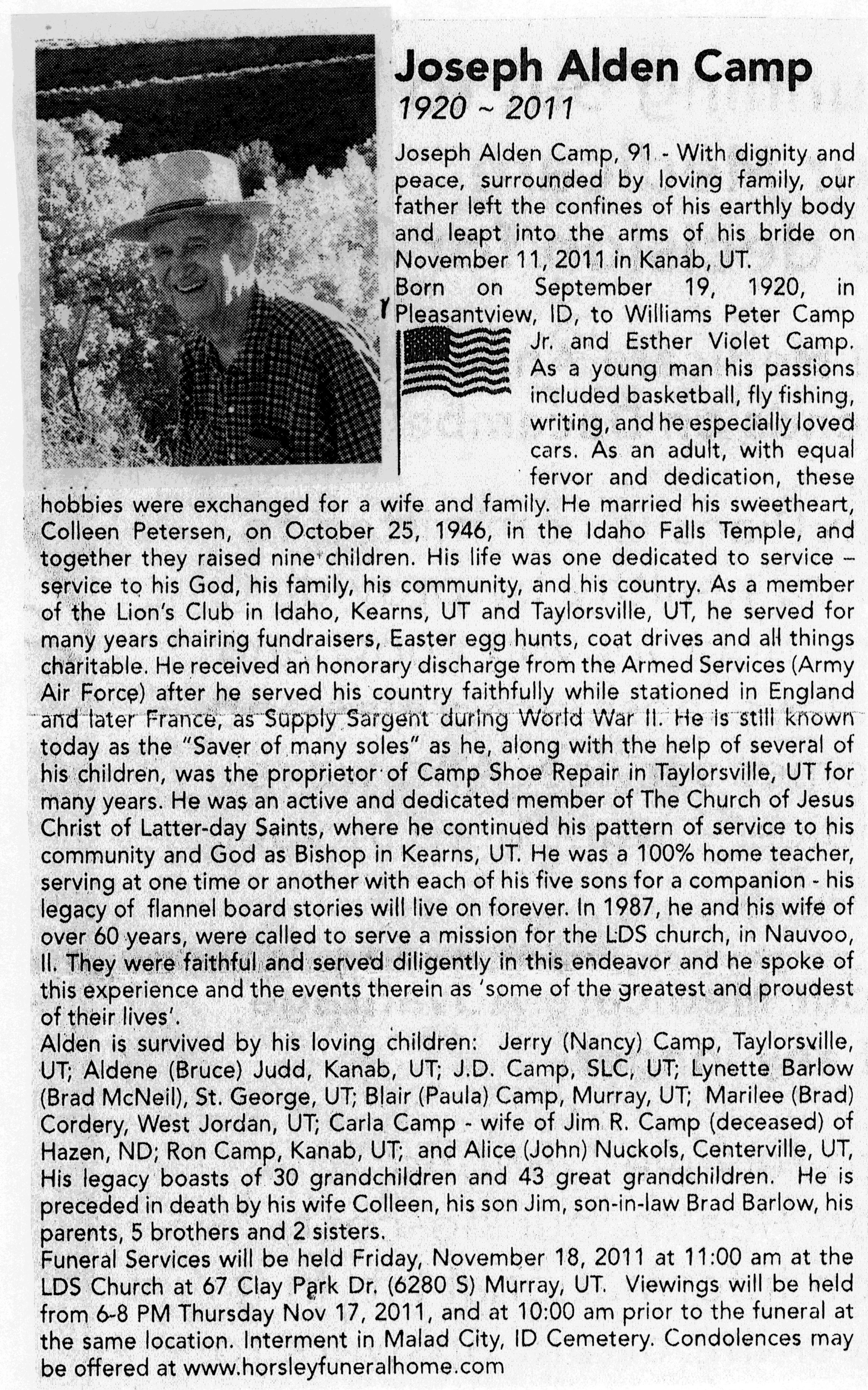 Joseph Alden Camp obit
