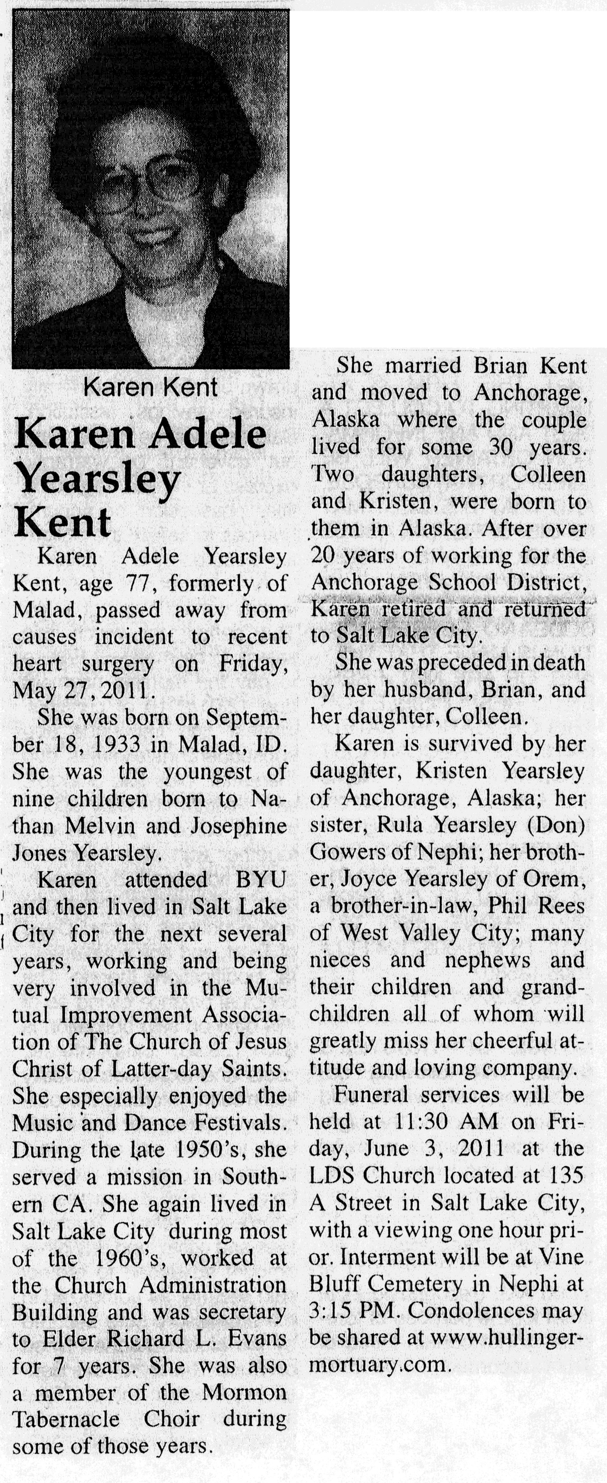 Karen Adele Yearsley Kent obit