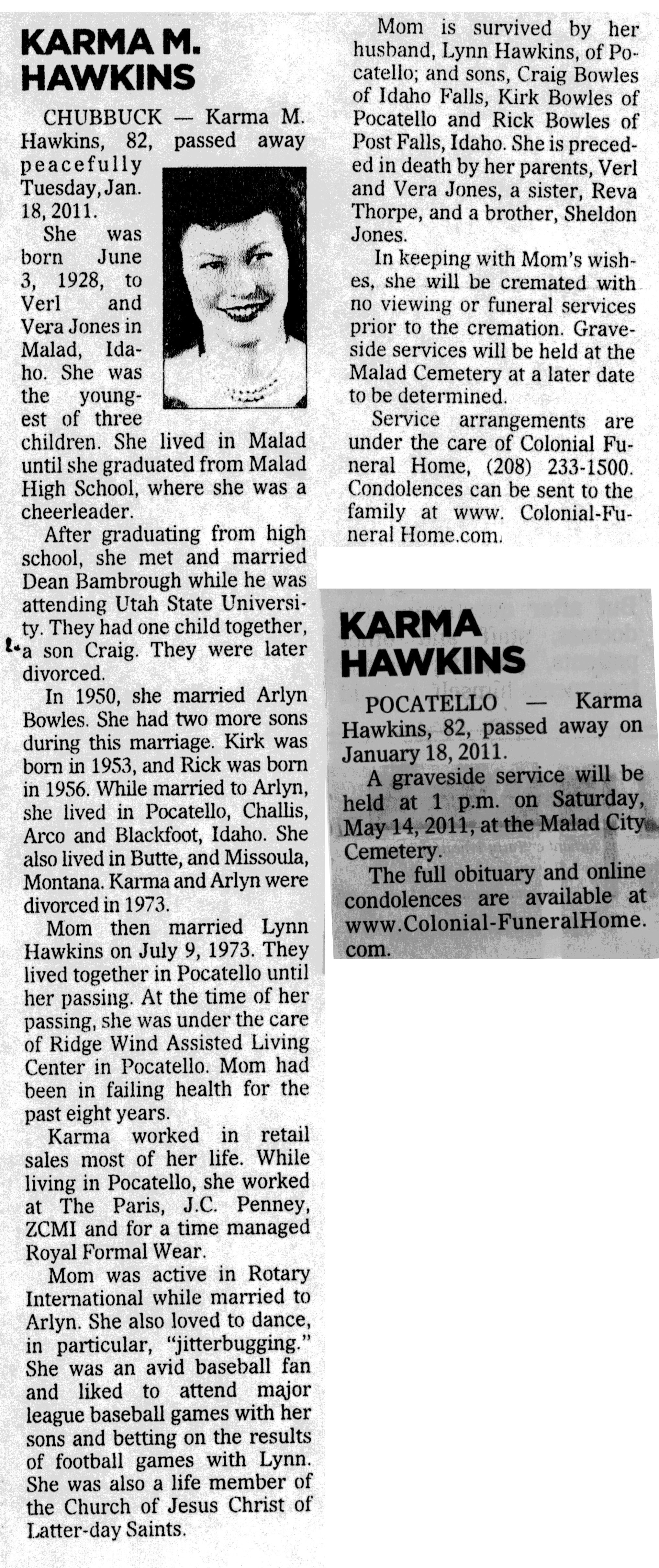 Karma M Hawkins obit