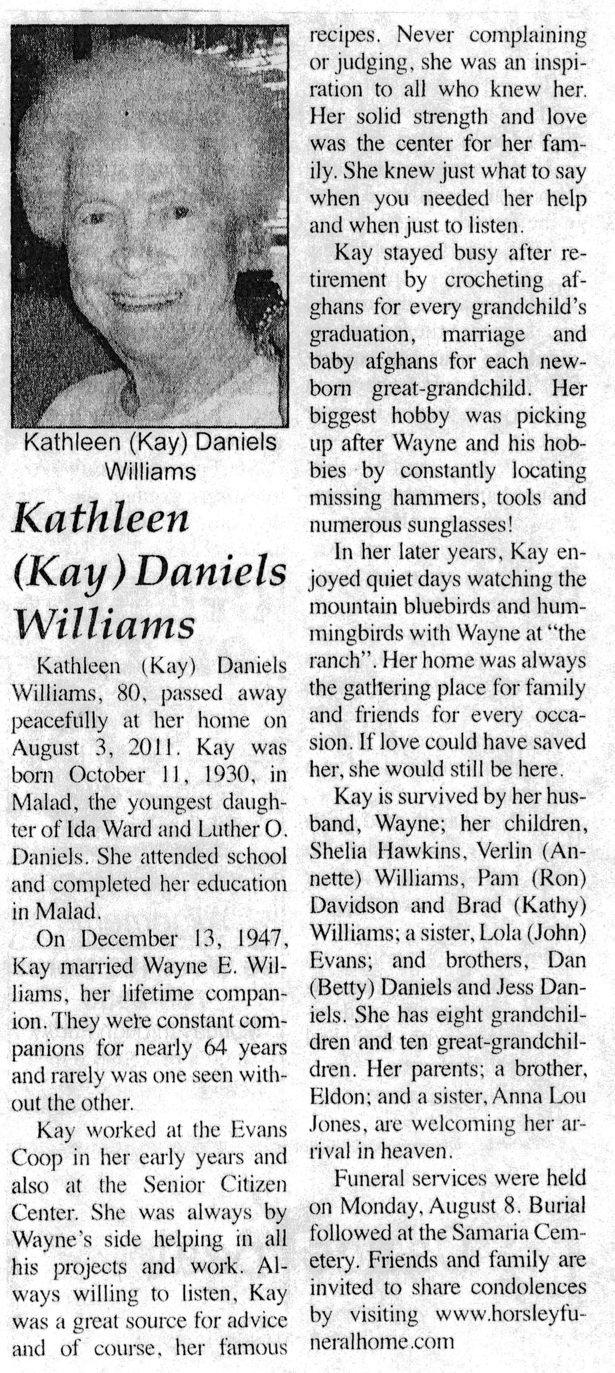 Kathleen (Kay) Daniels Williams obit