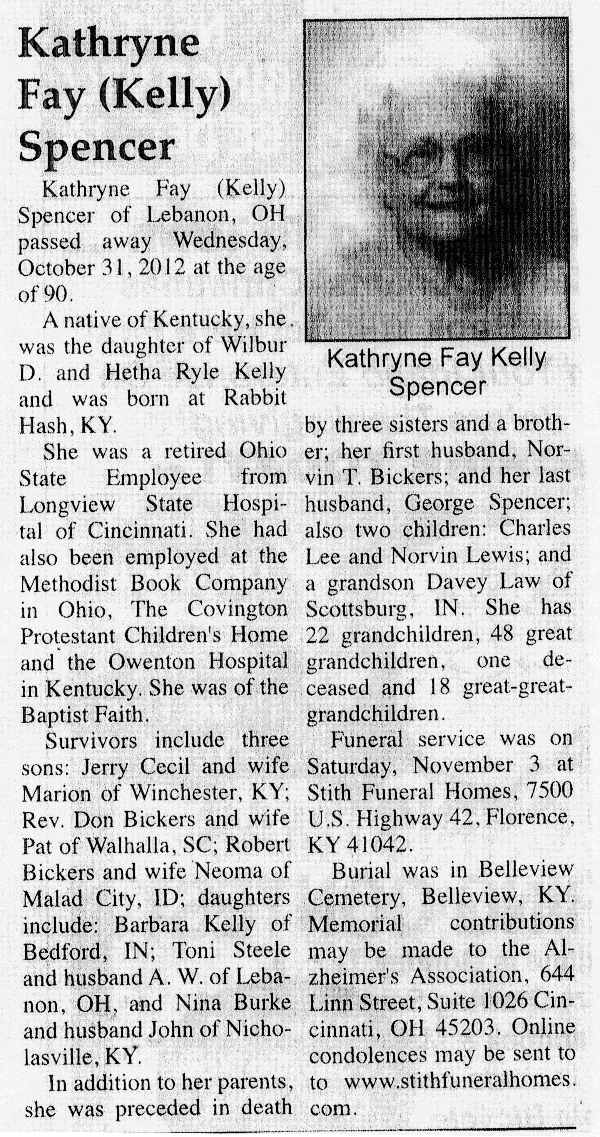 Kathryne Fay Kelly Spencer obit