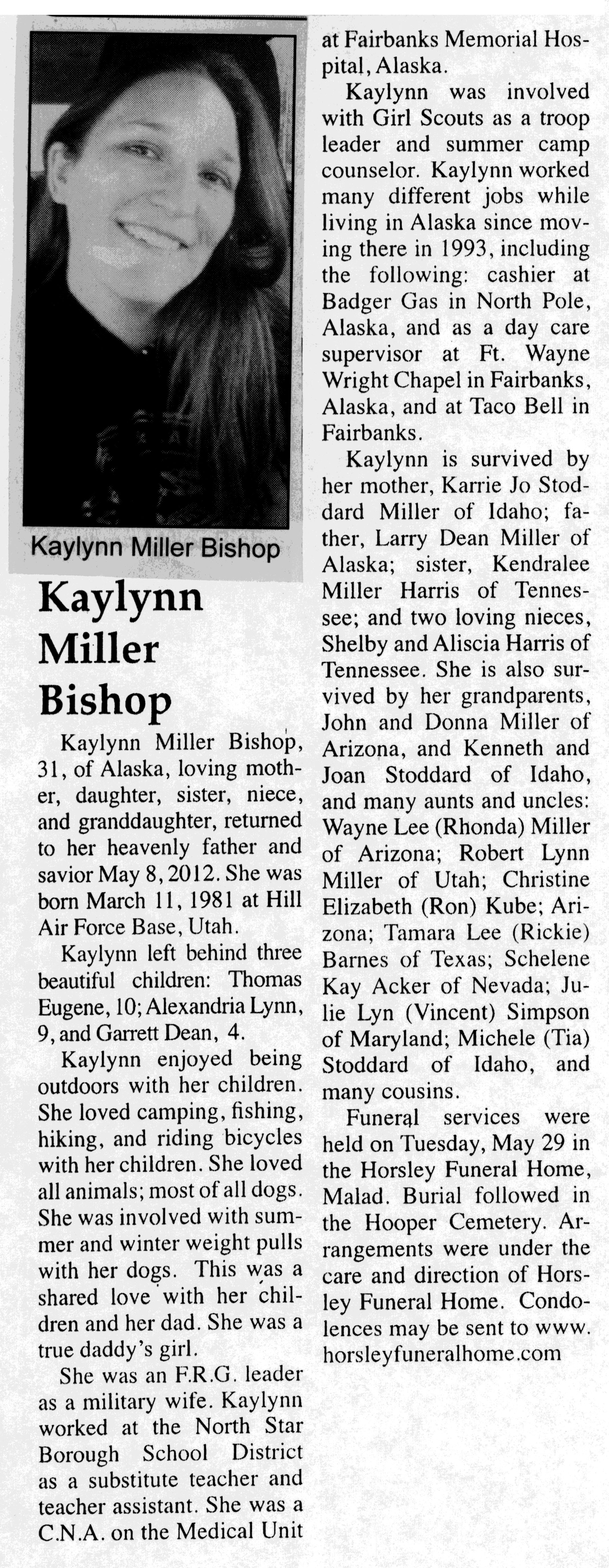 Kaylynn Miller BIshop obit