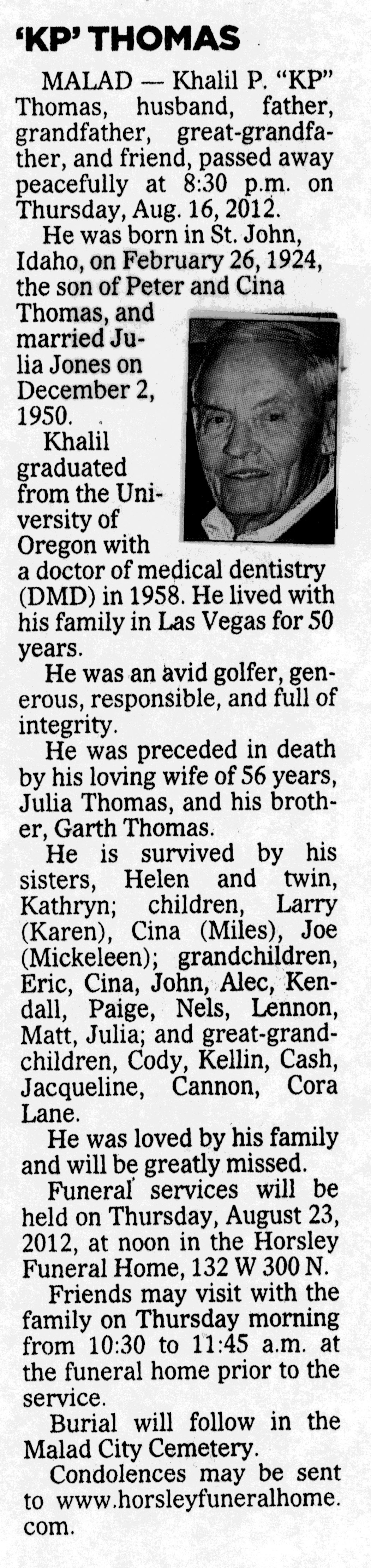Khalil P (KP) Thomas obit