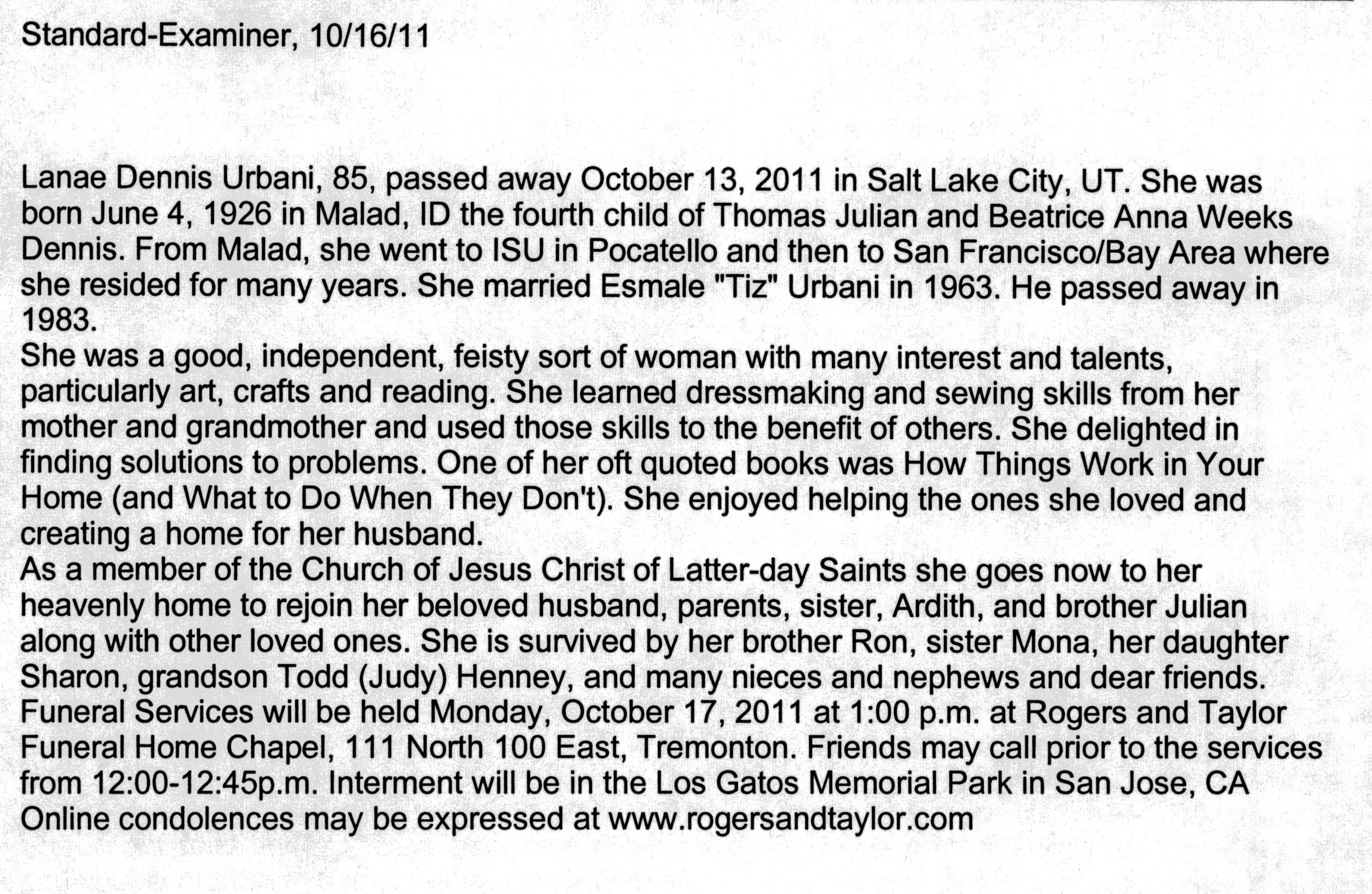 Lanae Dennis Urbani obit