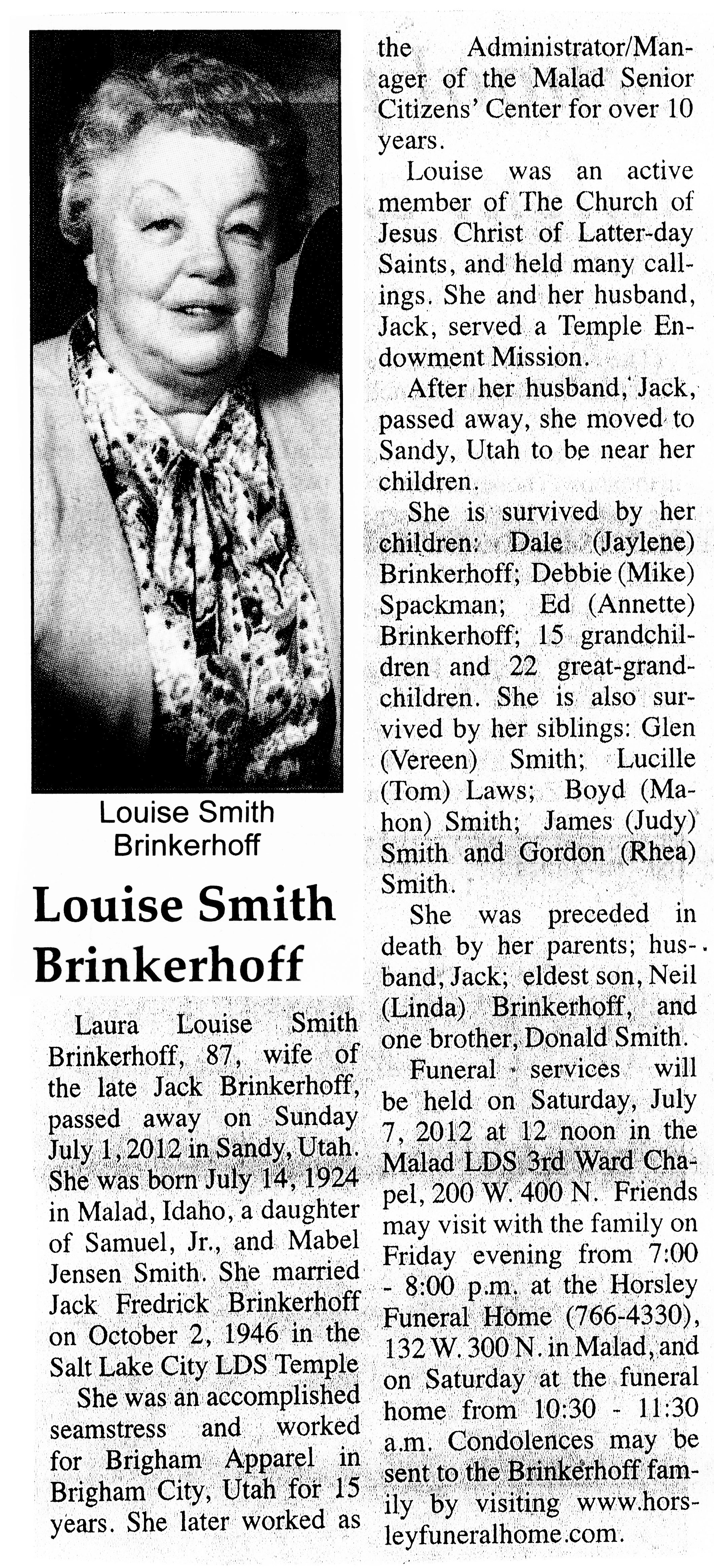 Laura Louise Smith Brinkerhoff obit