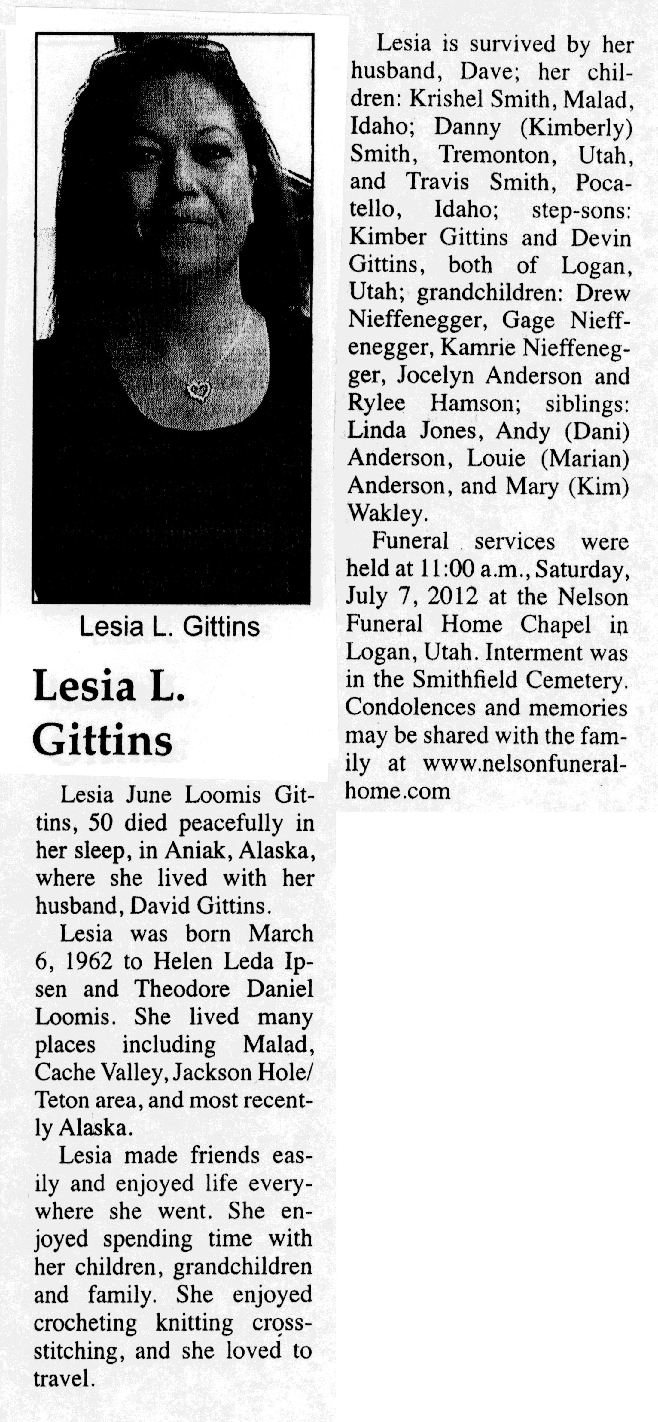 Lesia June Loomis Gittins obit