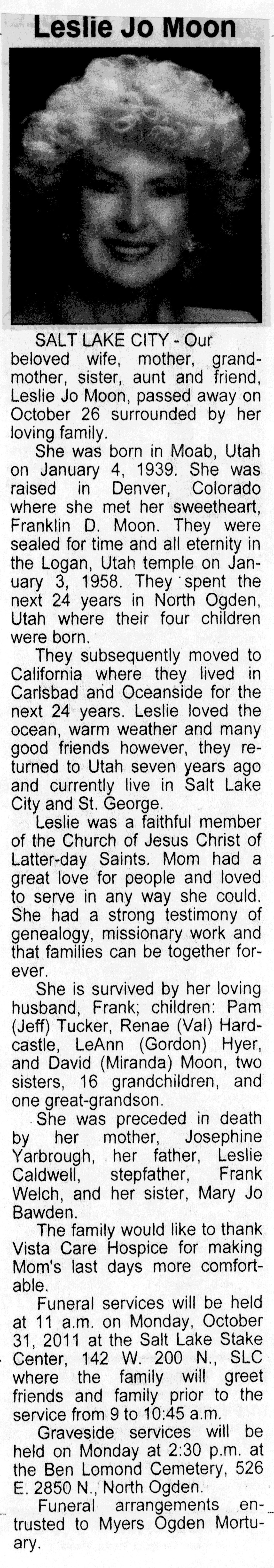 Leslie Jo Moon obit