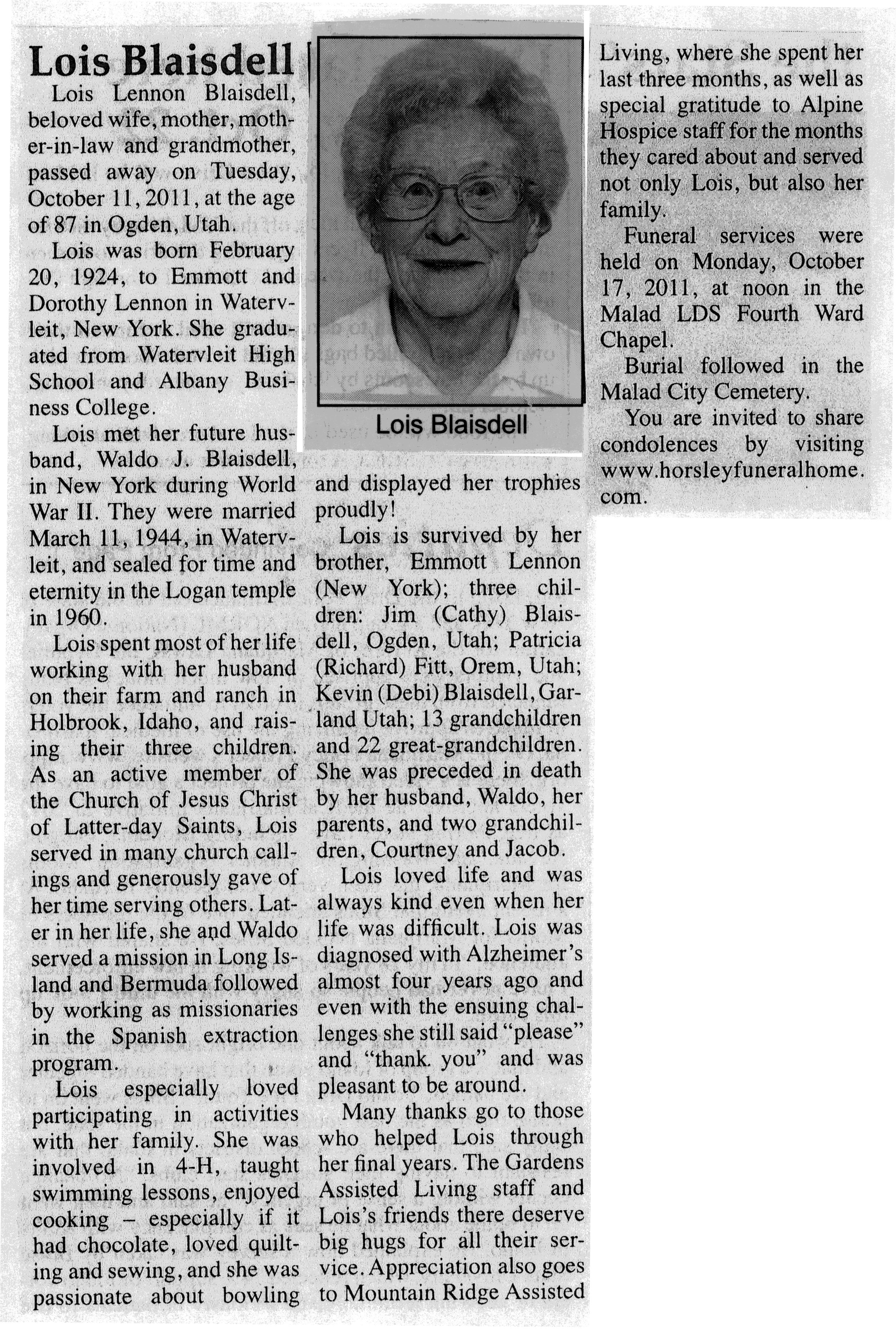 Lois Lennon Blaisdell obit