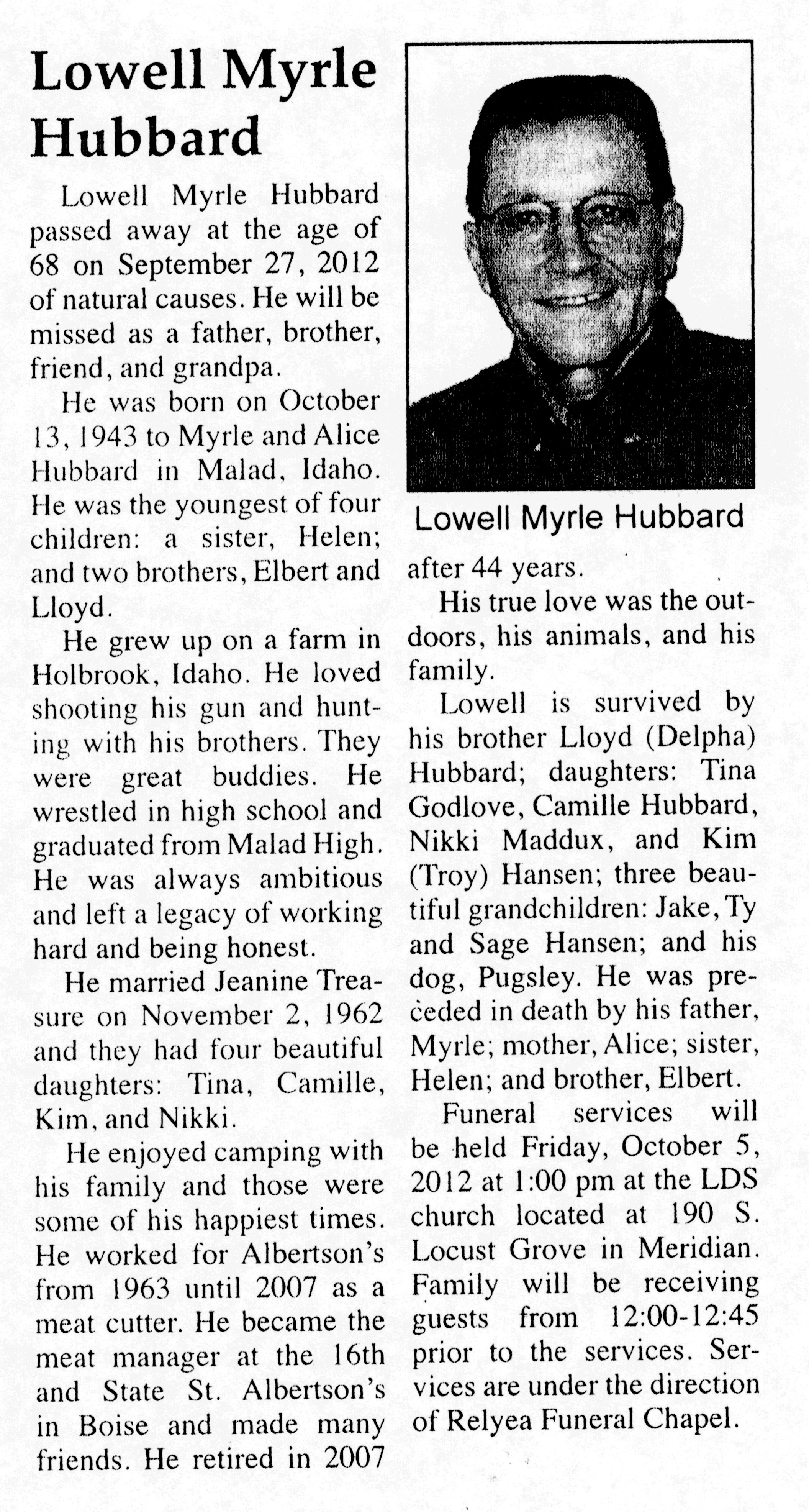 Lowell Myrle Hubbard obit