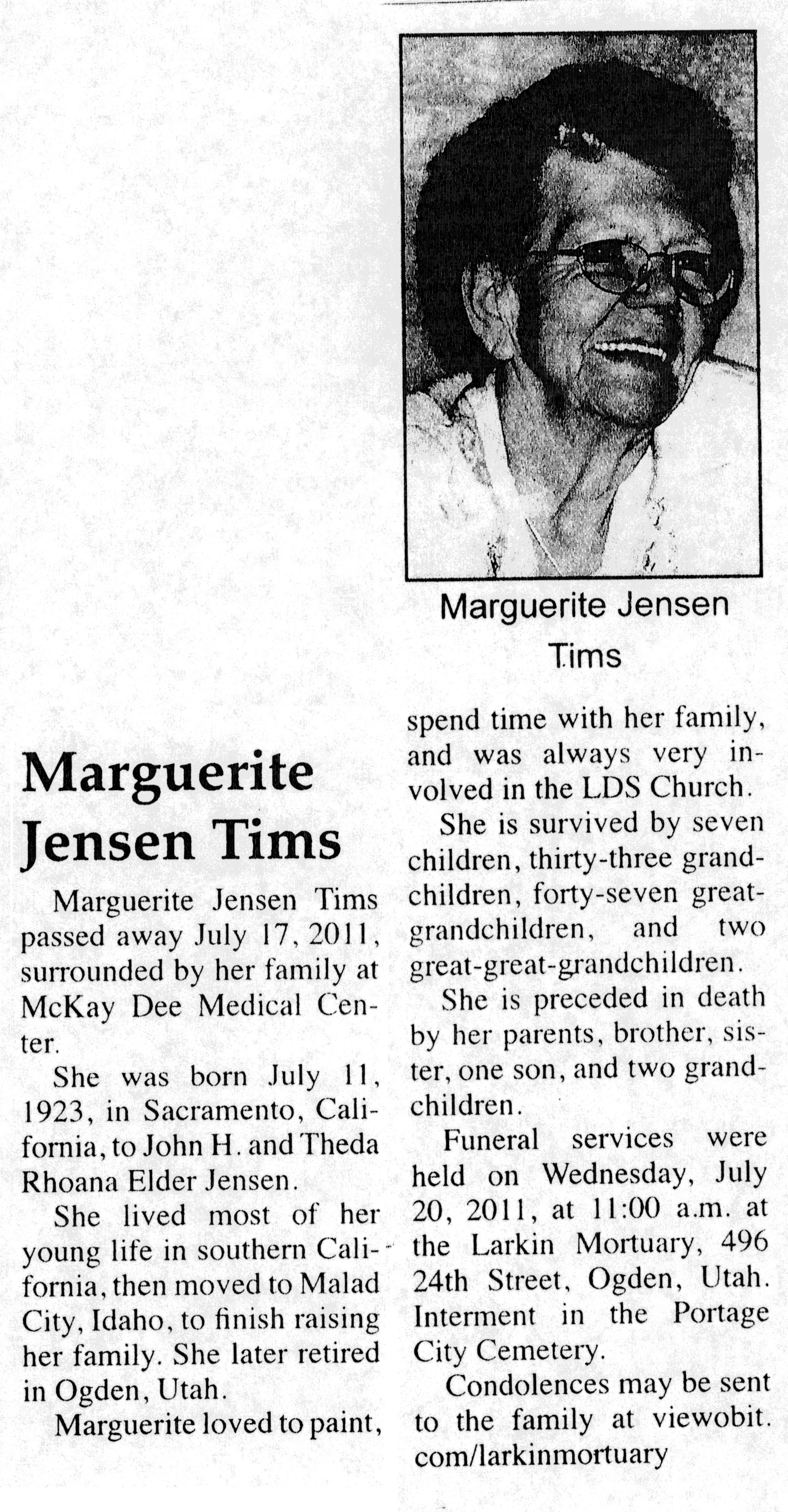 Marguerite Jensen Tims obit