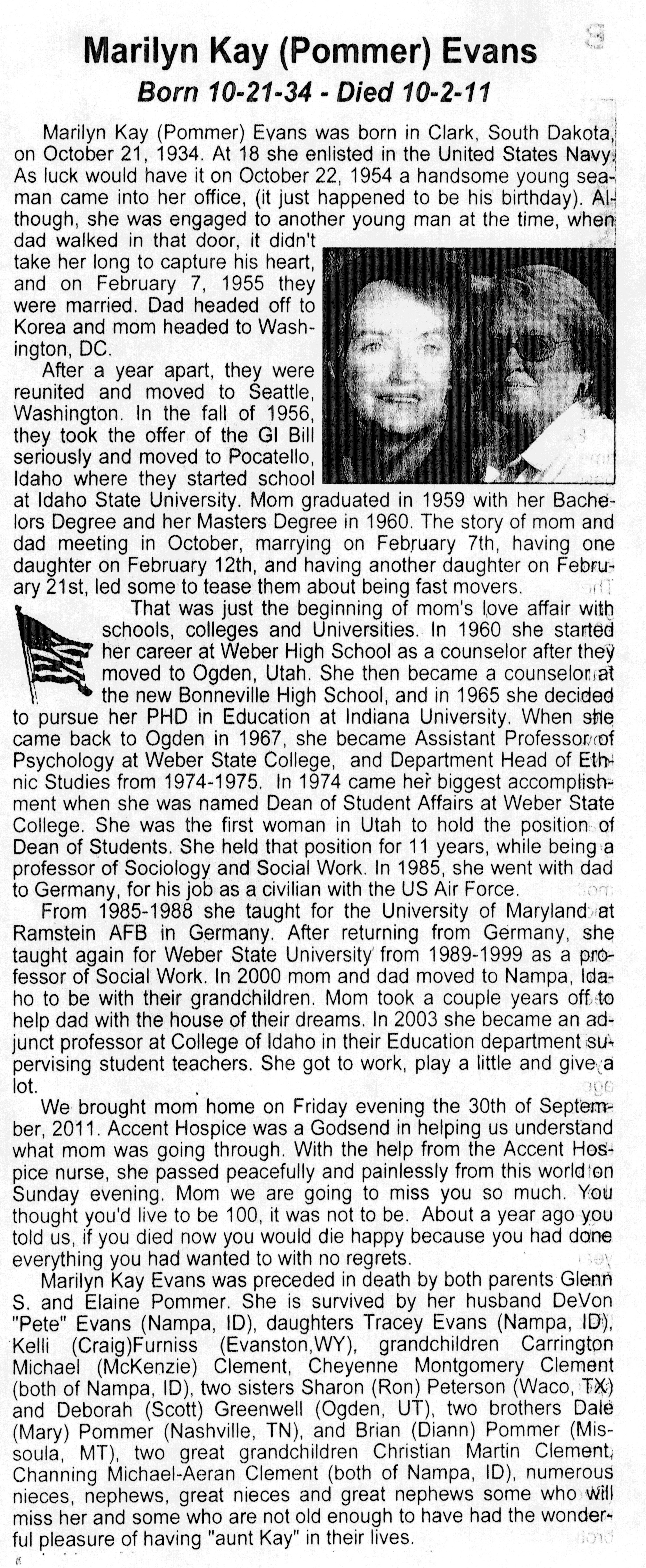 Marilyn Kay Pommer Evans obit