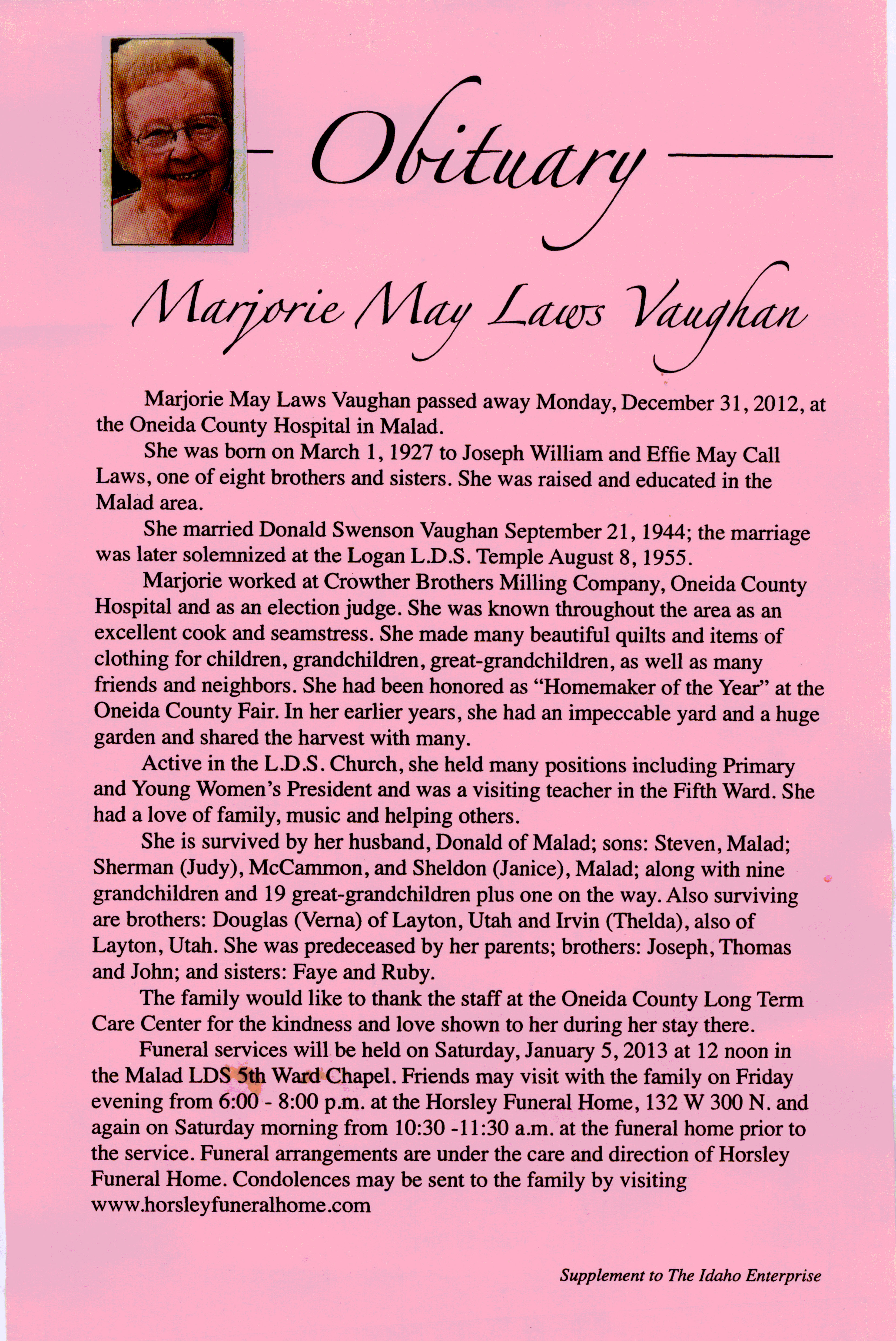 Marjorie May Laws Vaughan obit