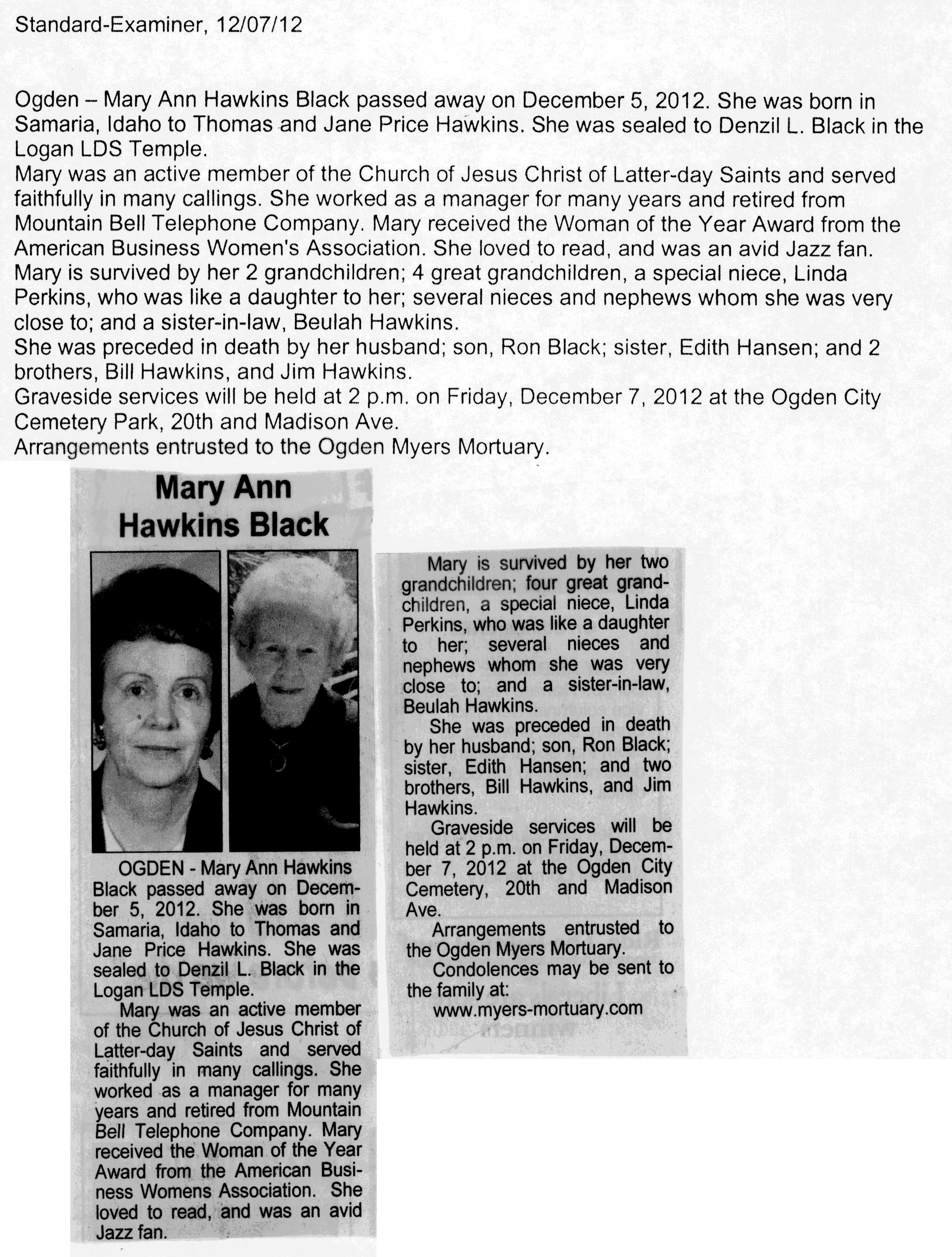 Mary Ann Hawkins Black obit