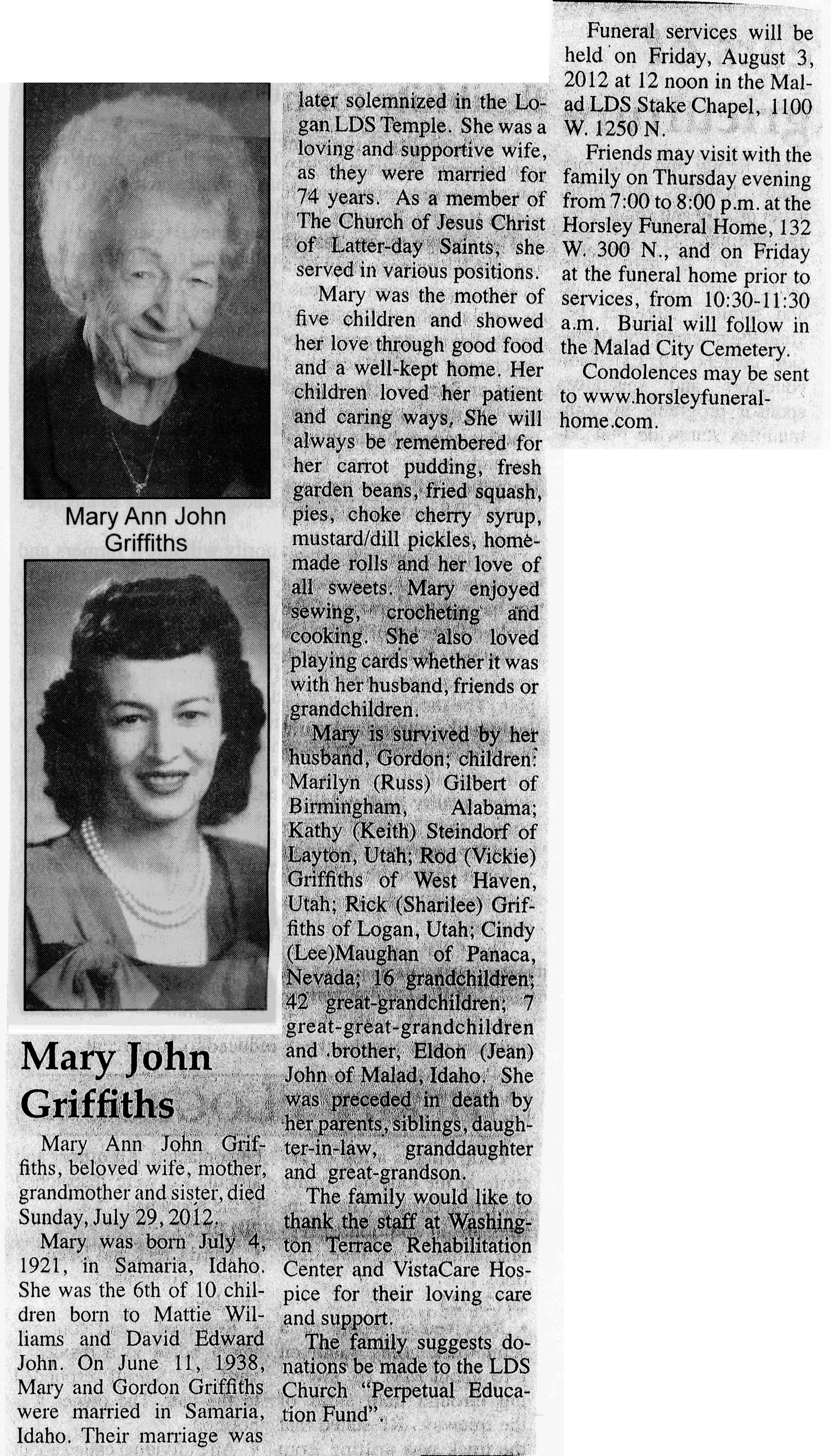 Mary Ann John Griffiths obit