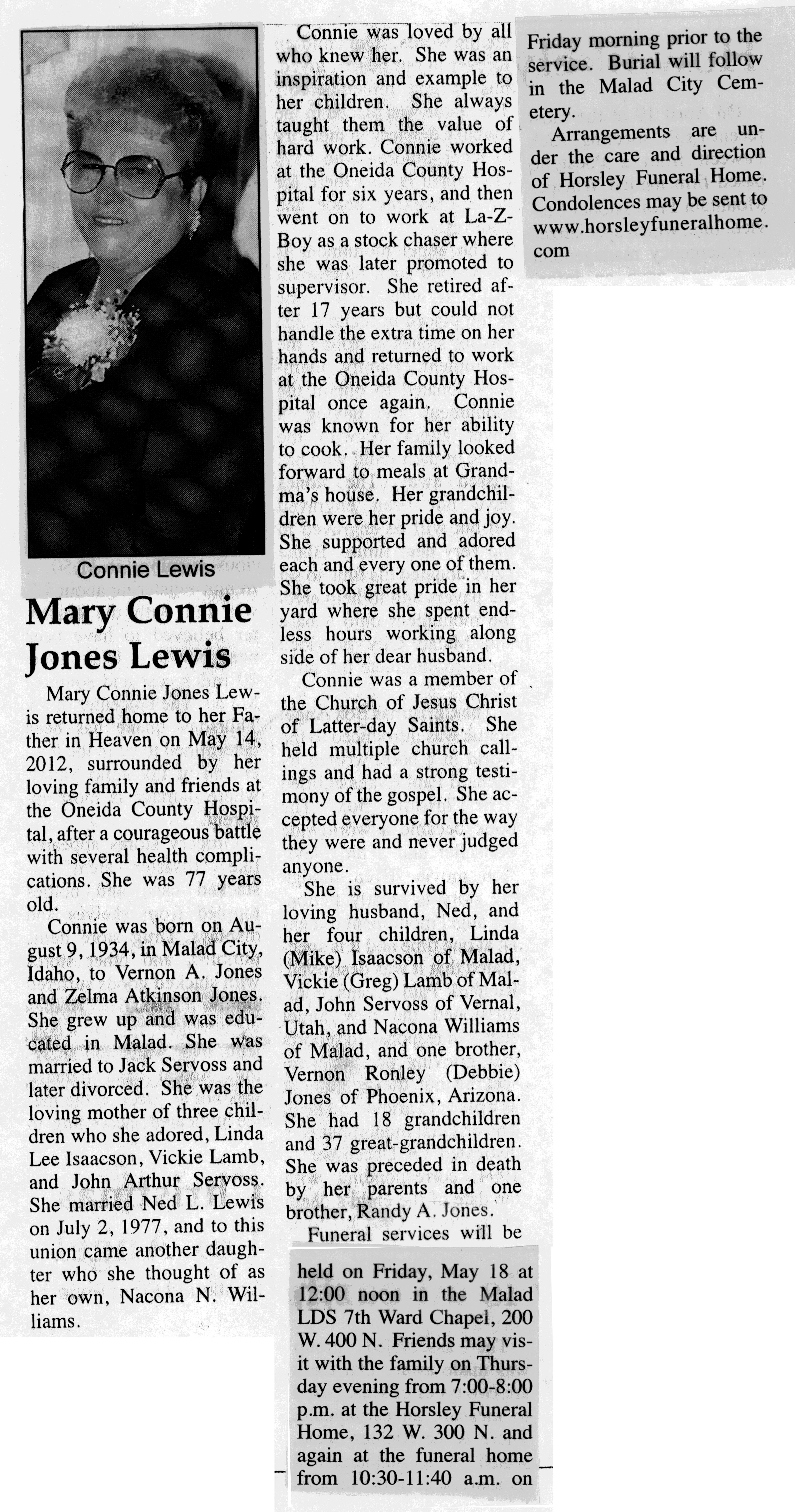Mary Connie Jones Lewis obit