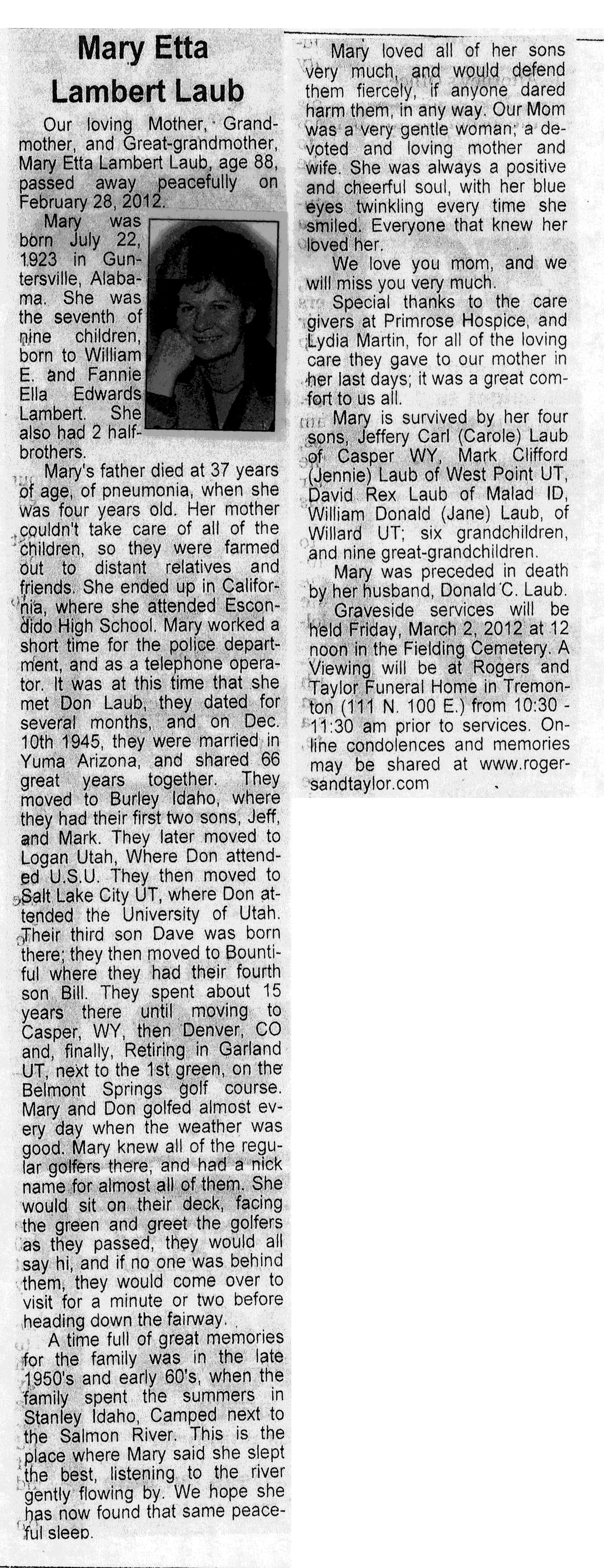 Mary Etta Lambert Laub obit
