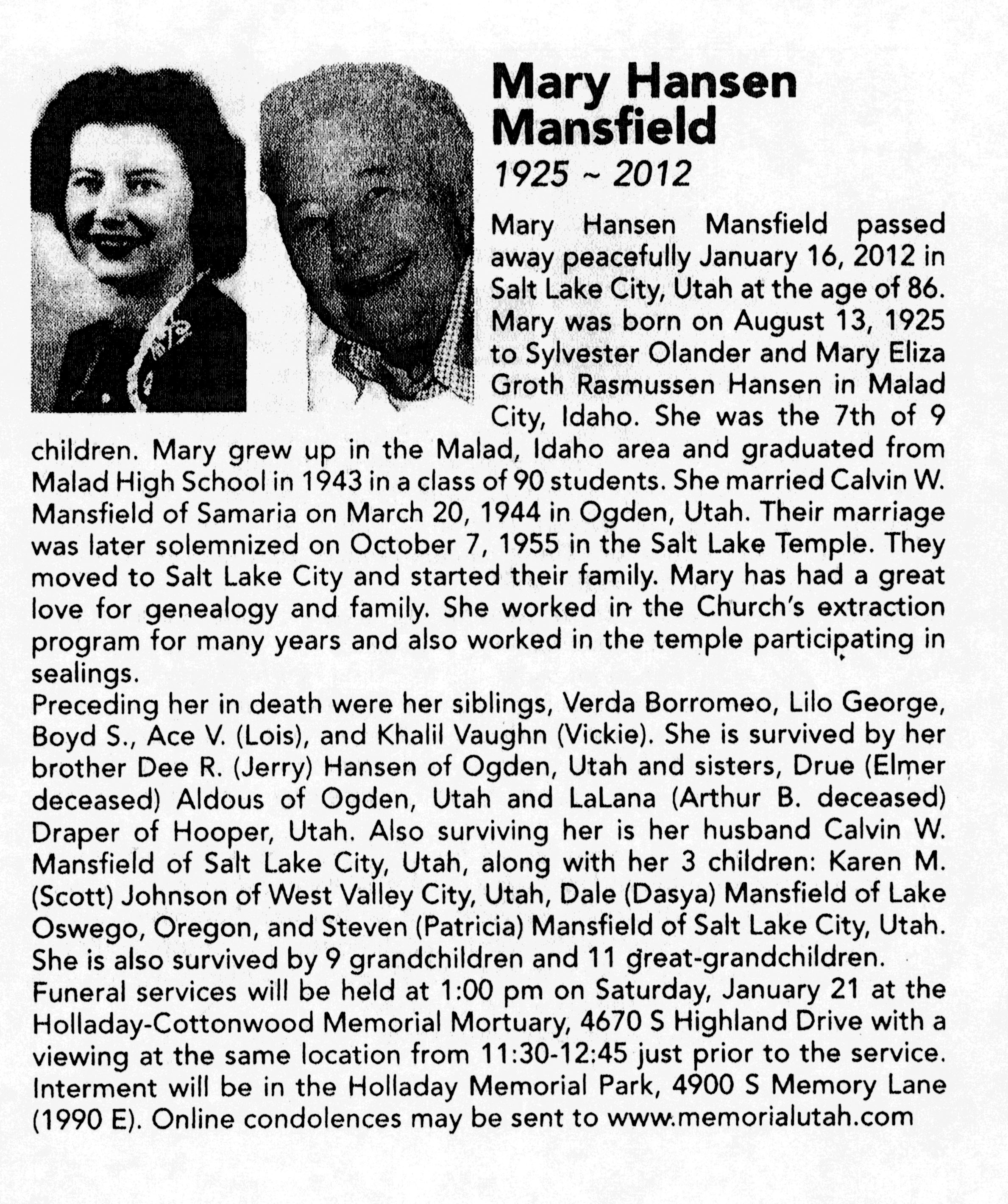Mary Hansen Mansfield obit