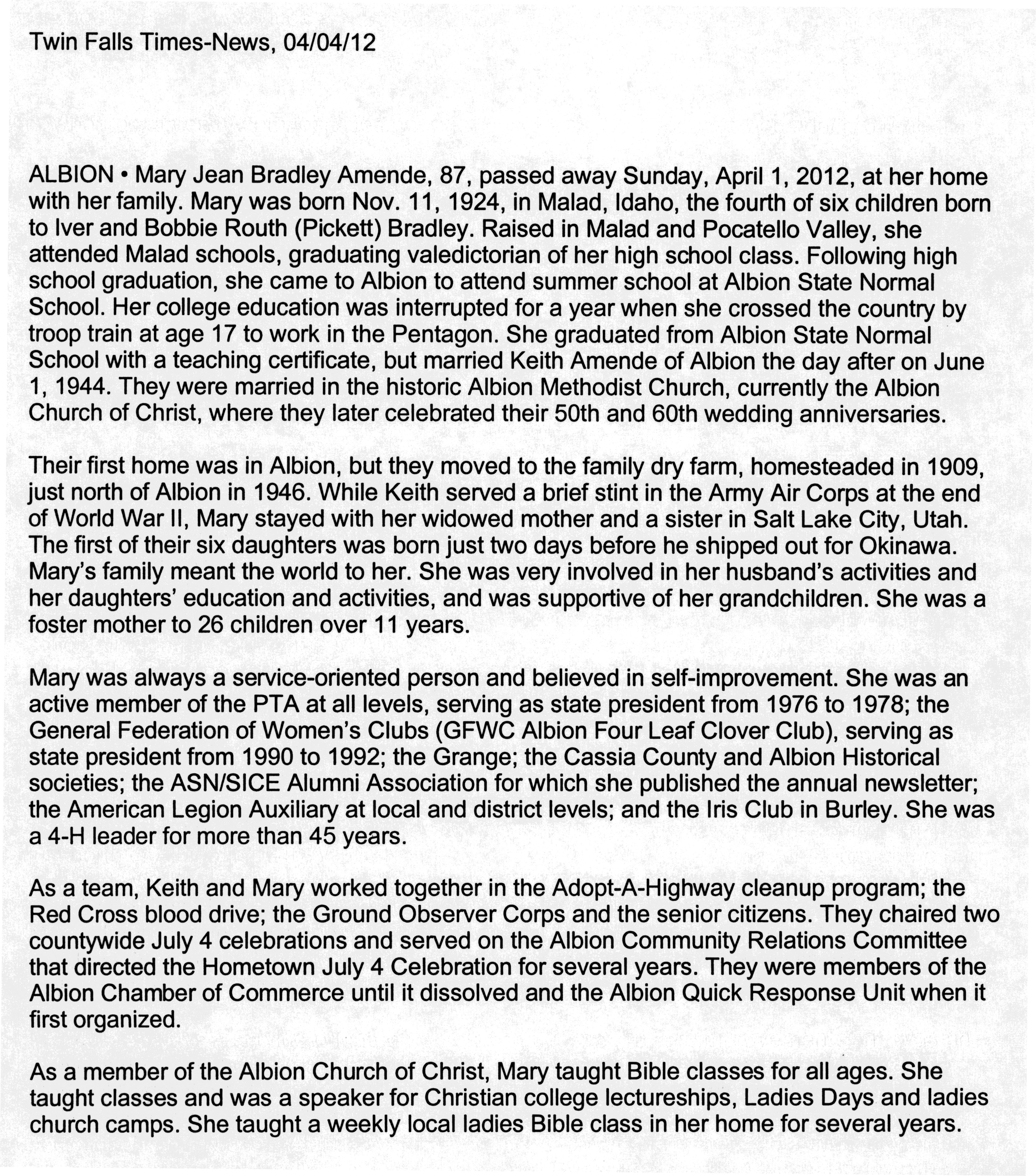 Mary Jean Bradley Amende page 1 obit