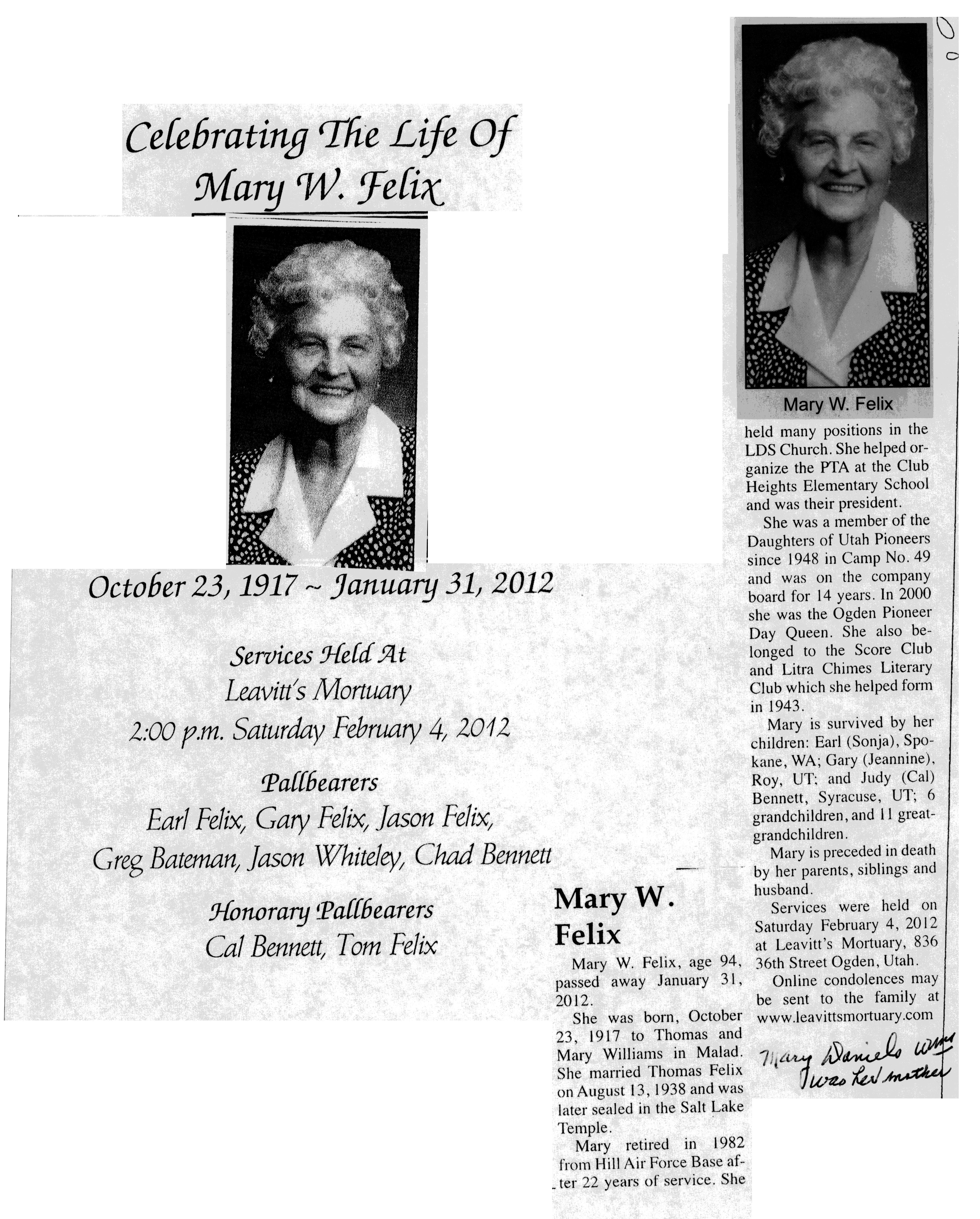 Mary W Felix obit