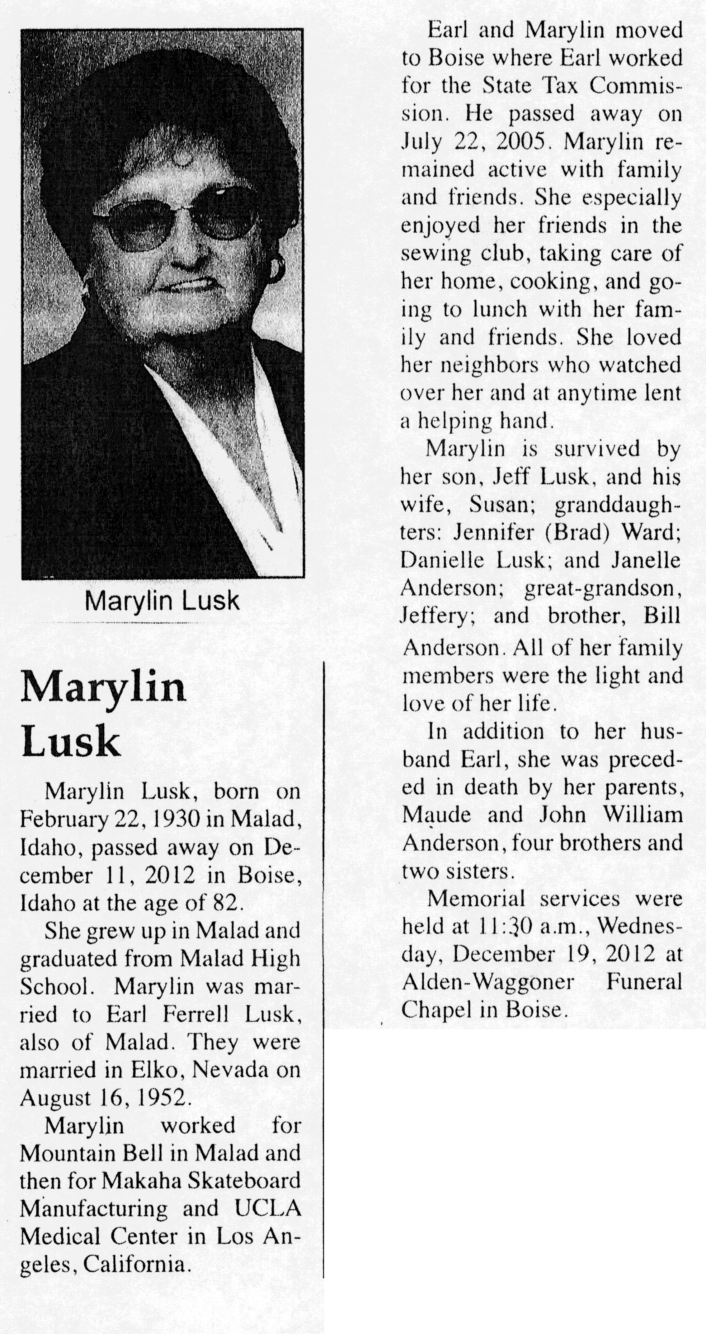 Marylin Lusk obit