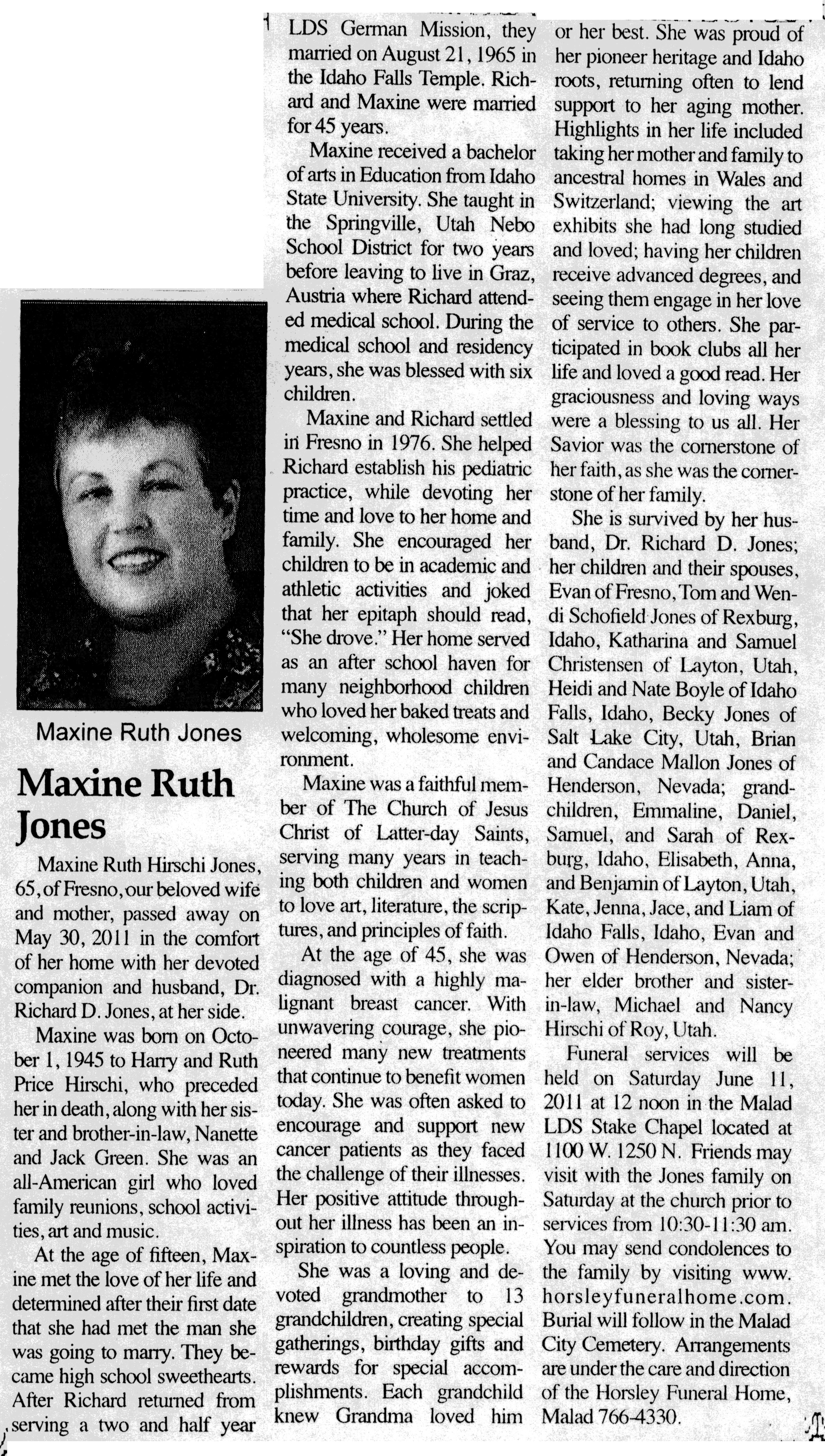 Maxine Ruth Hirschi Jones obit