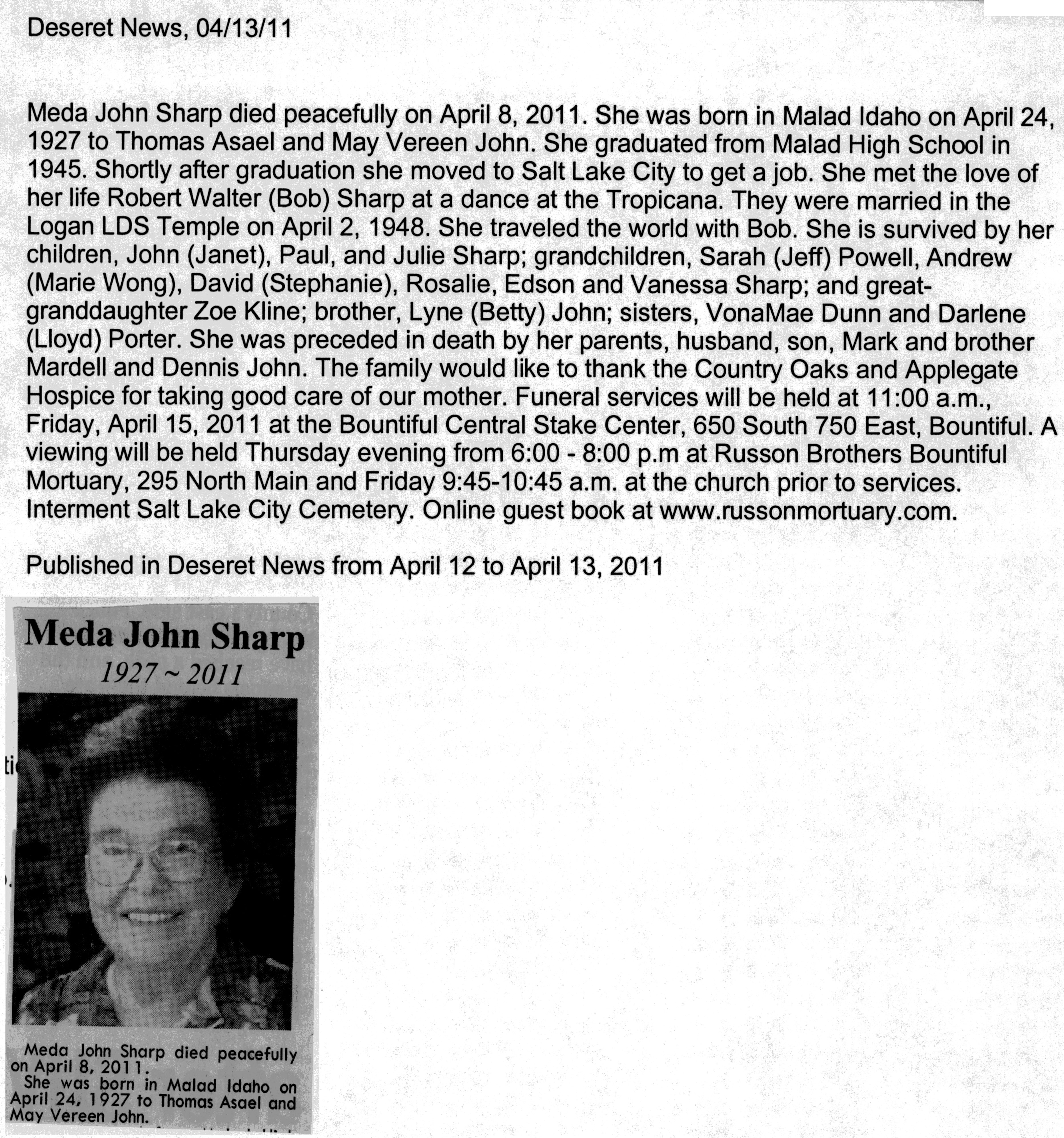 Meda John Sharp obit