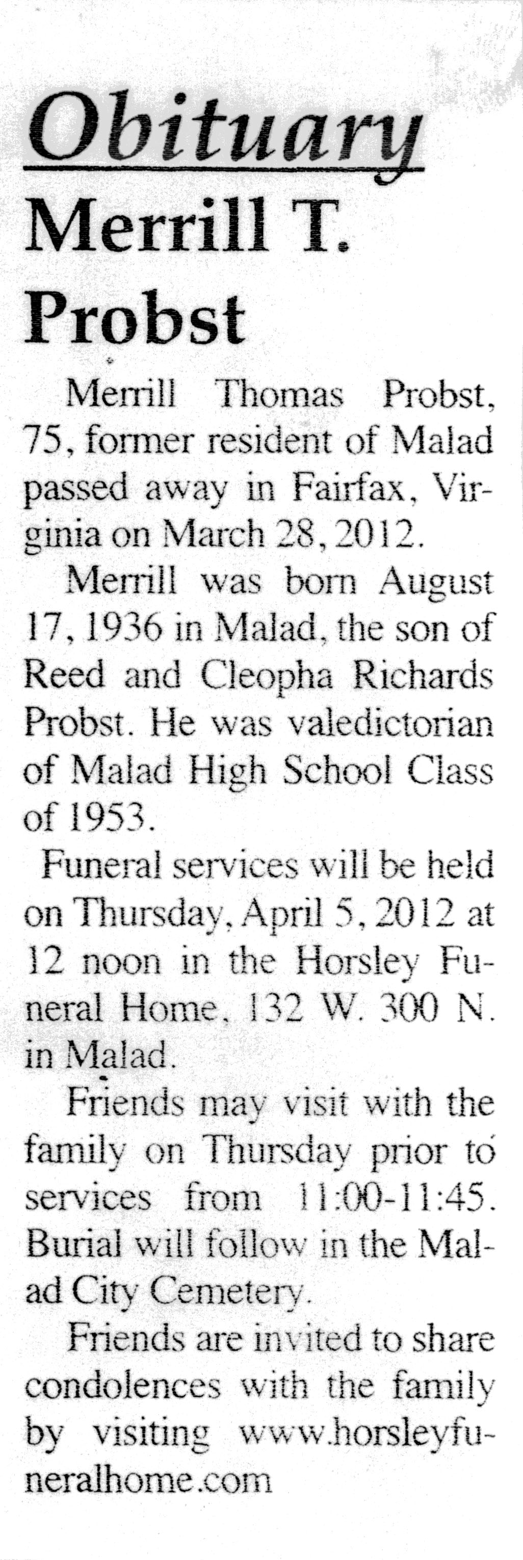 Merrill Thomas Probst obit
