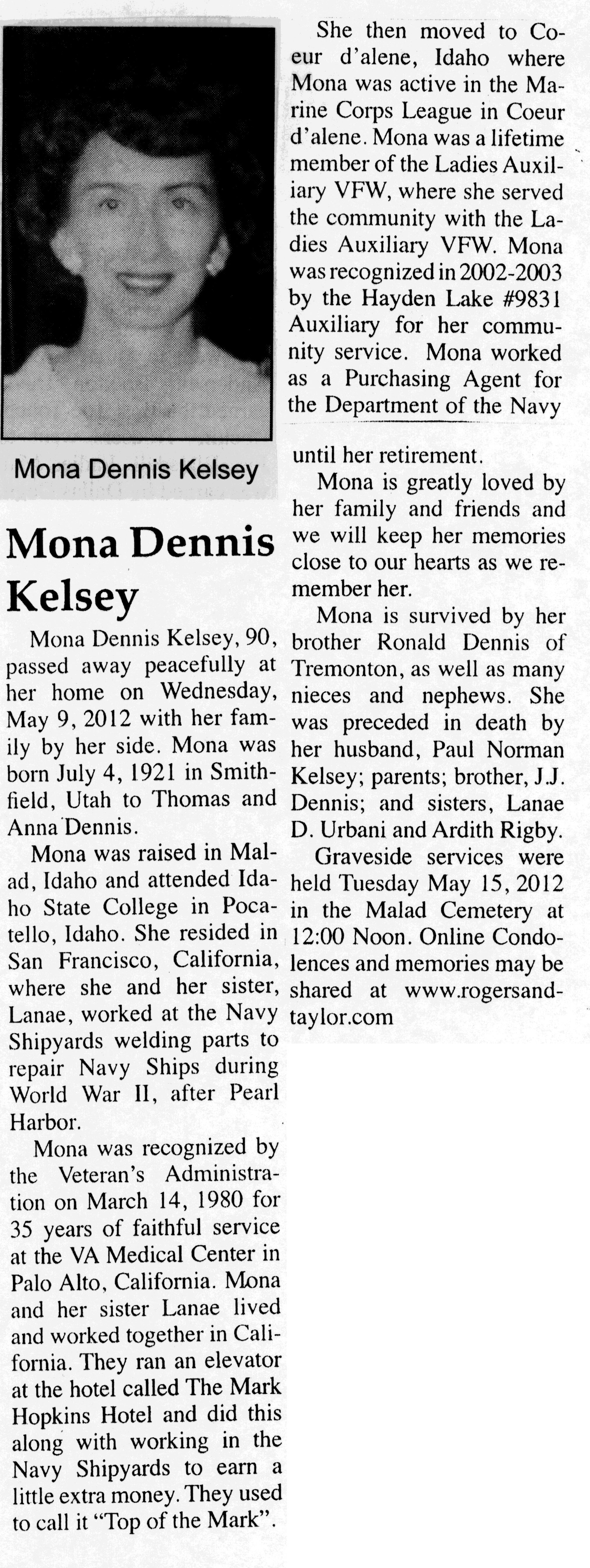 Mona Dennis Kelsey obit