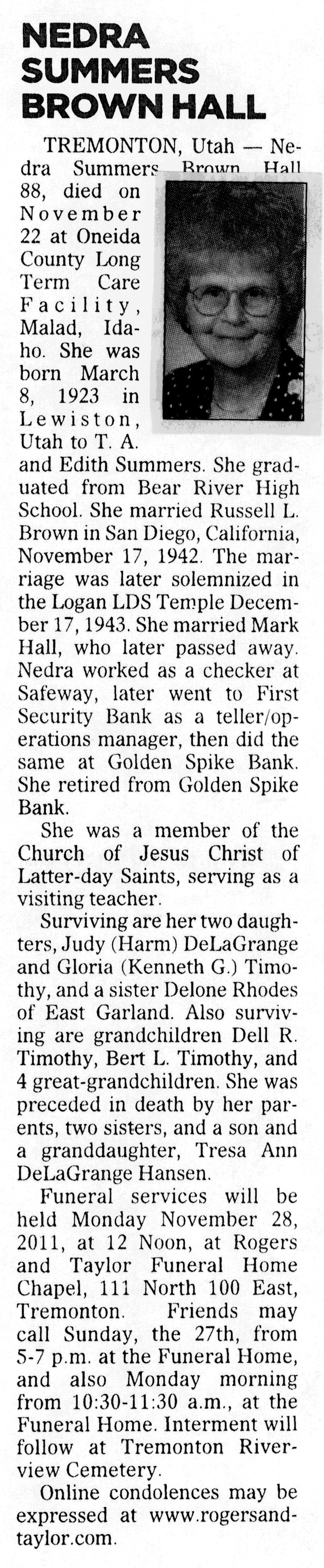 Nedra Summers Brown Hall obit