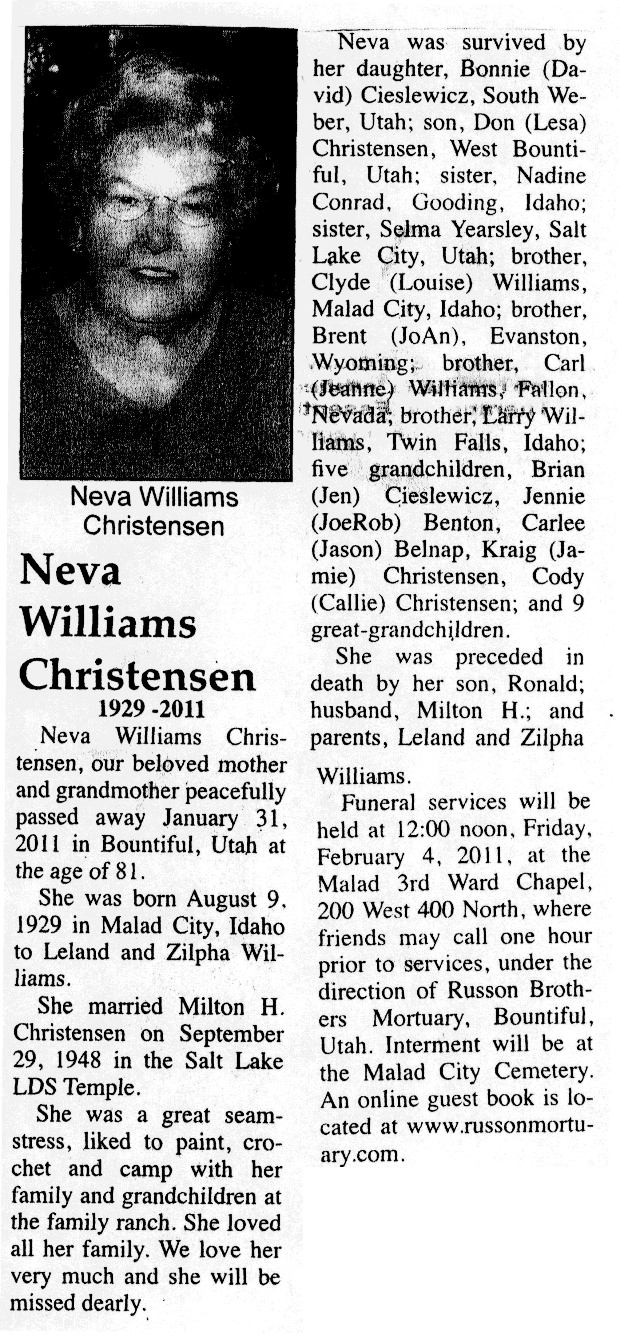 Neva Williams Christensen obit