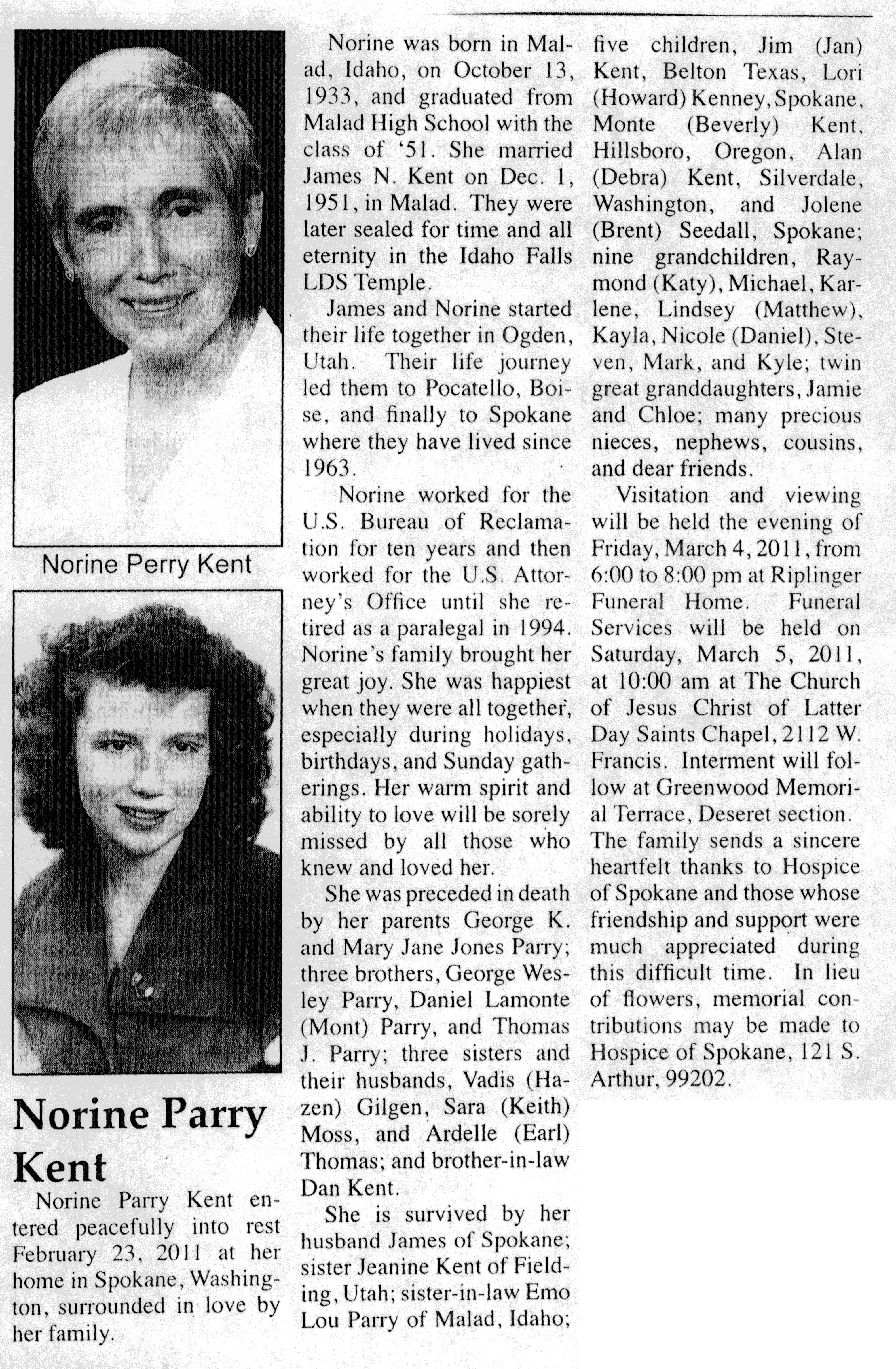 Norine Parry Kent obit